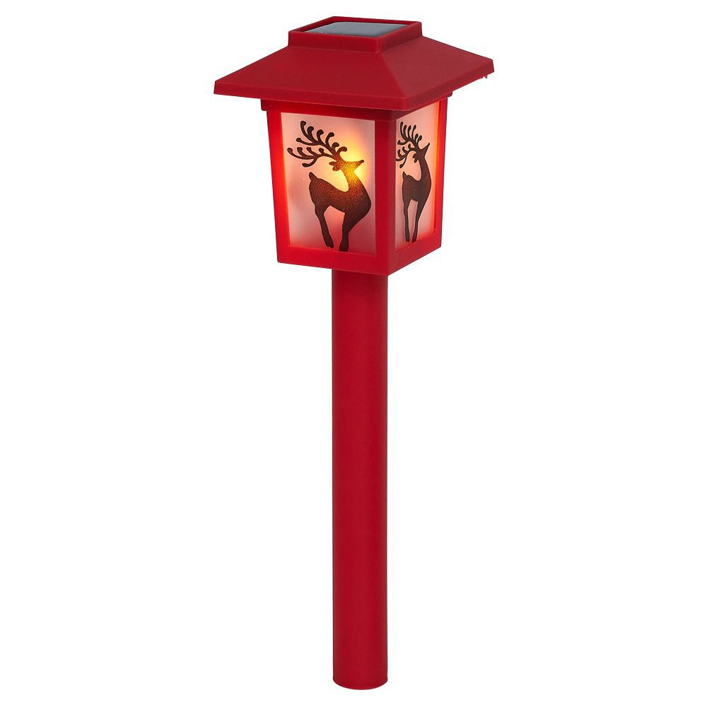 Borne solaire lanterne rouge vintage 10LED blanc chaud effet flamme H37cm (3 modèles)