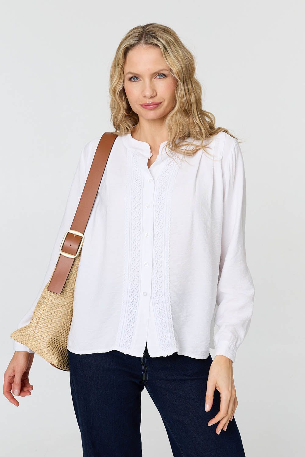 Izabel London Lace Trim Long Sleeve Relaxed Blouse