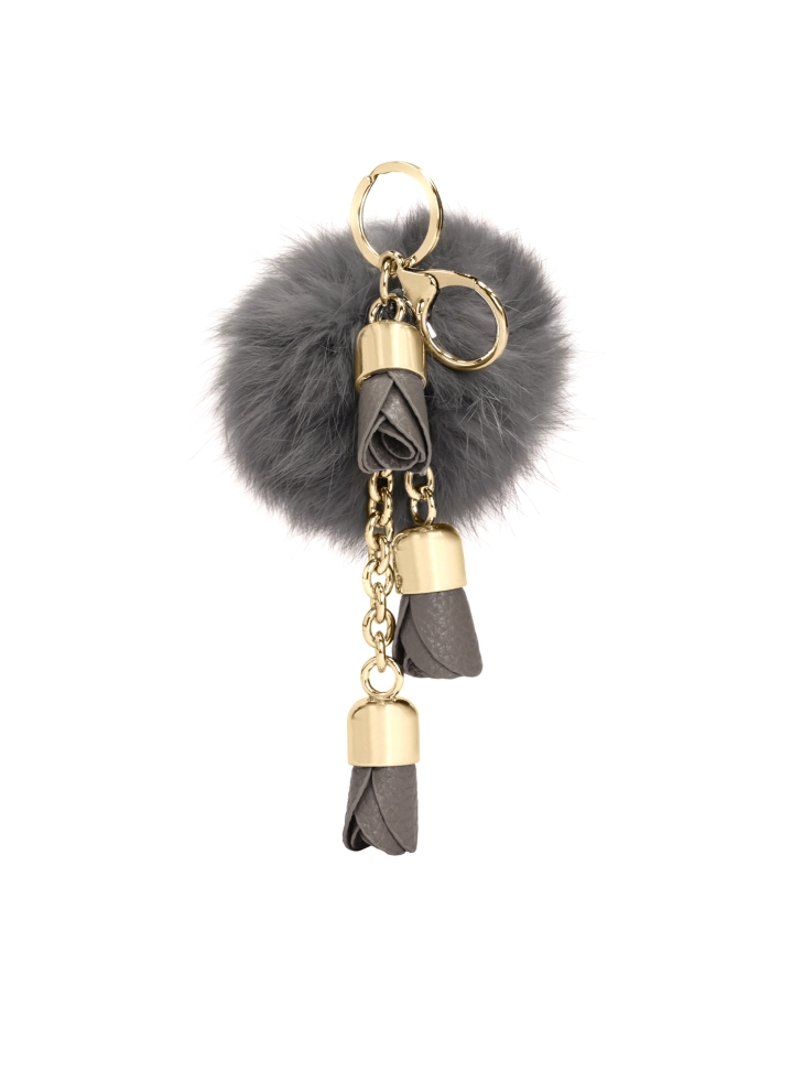 Key ring with gray pom-pom and flowers