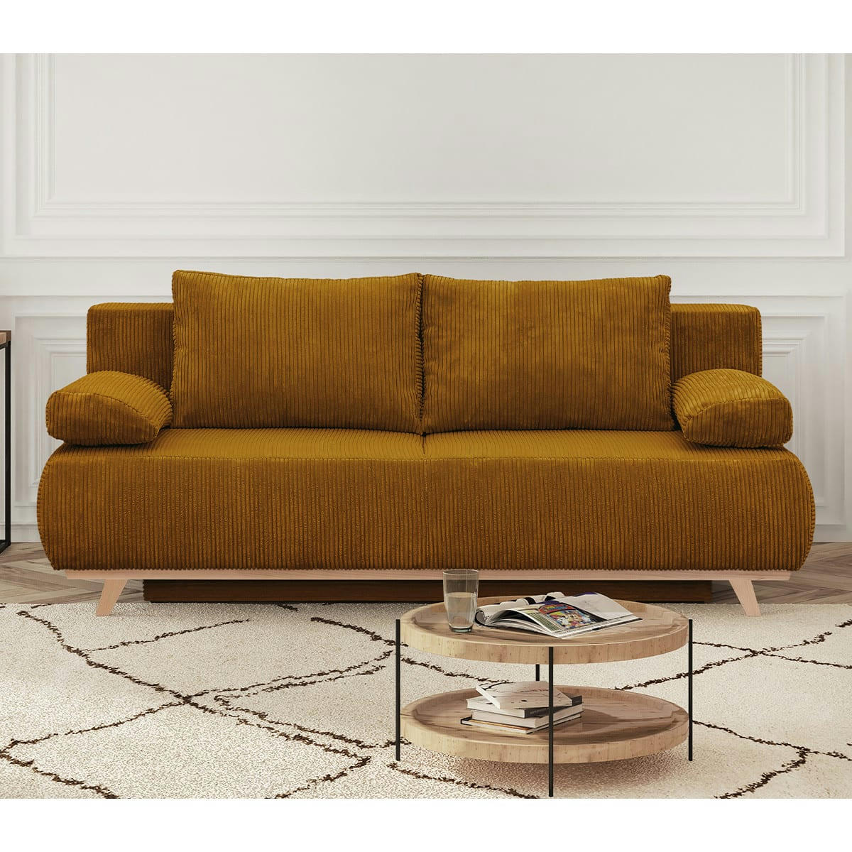 LARIA - Canapé convertible 3 places en velours côtelé jaune moutarde