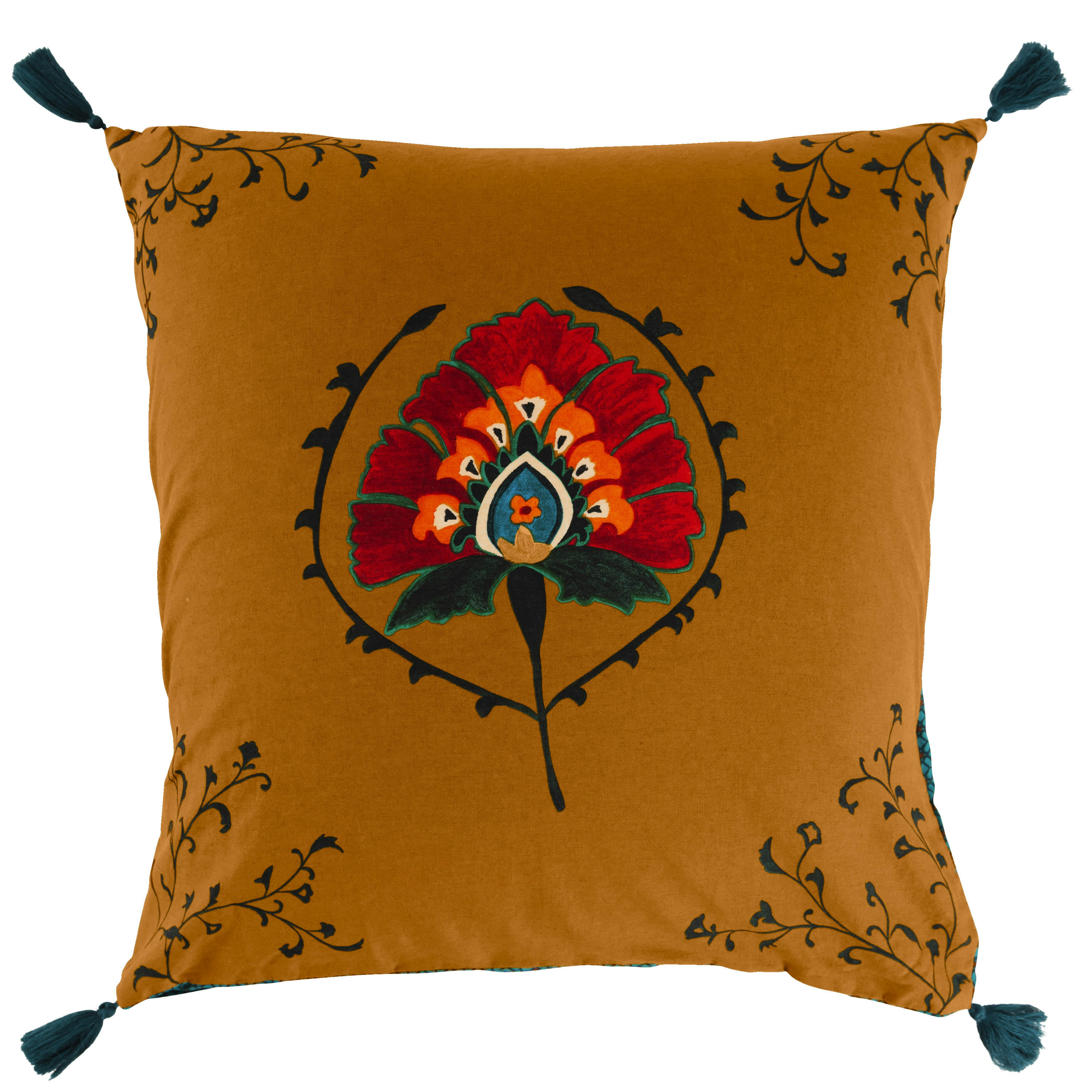 BUKHARA - Taie d'oreiller carrée coton et lin imprimé jaune 64 x 64 cm