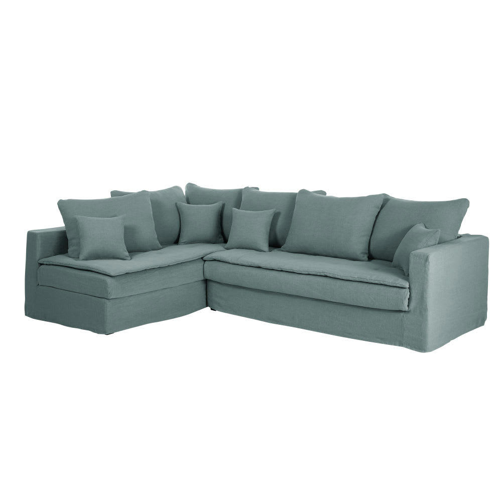 Célestin - Canapé d'angle gauche 5 places en lin bleu céladon