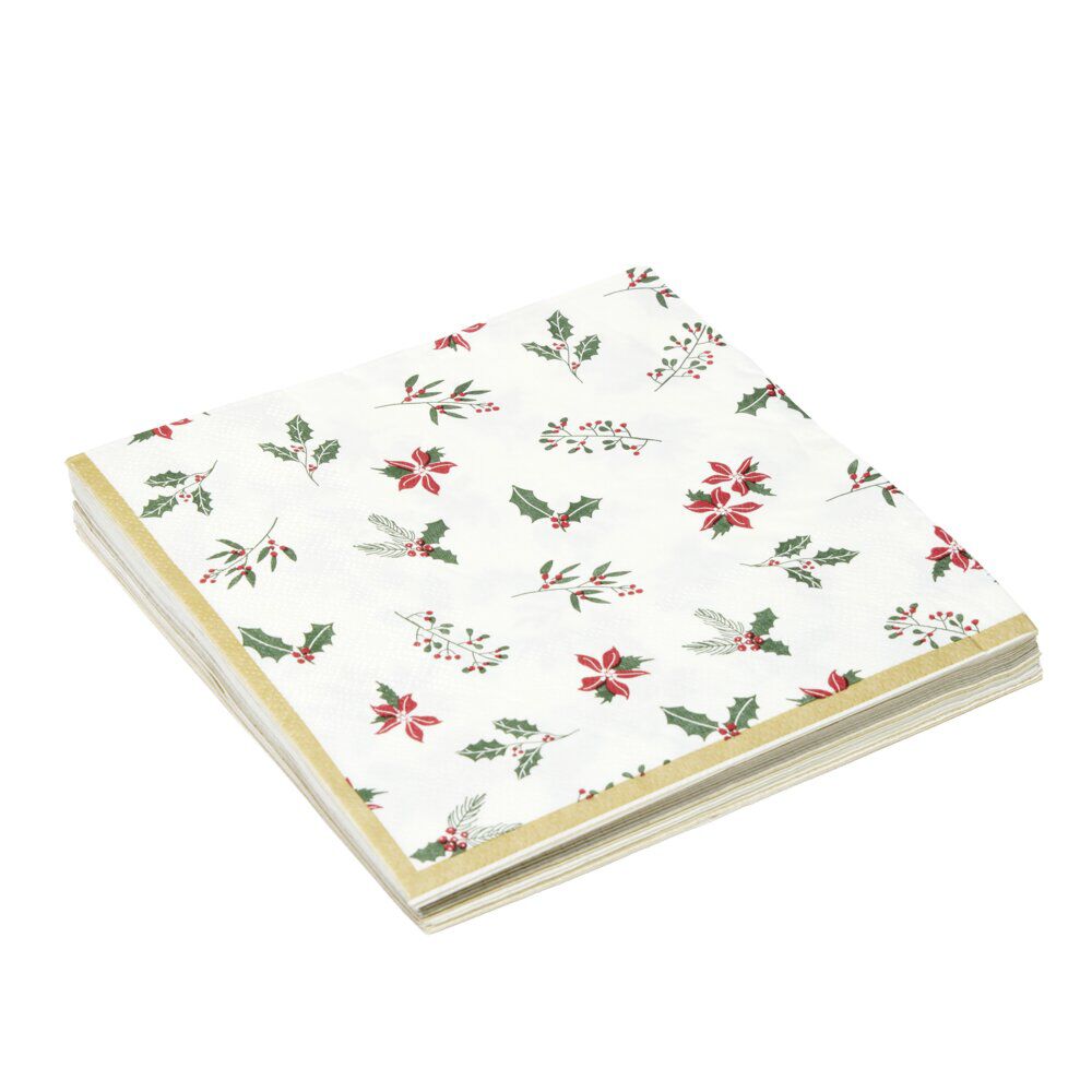Serviette en papier 3 plis X20 pcs imprimé houx L33X33 cm blanc liseré doré