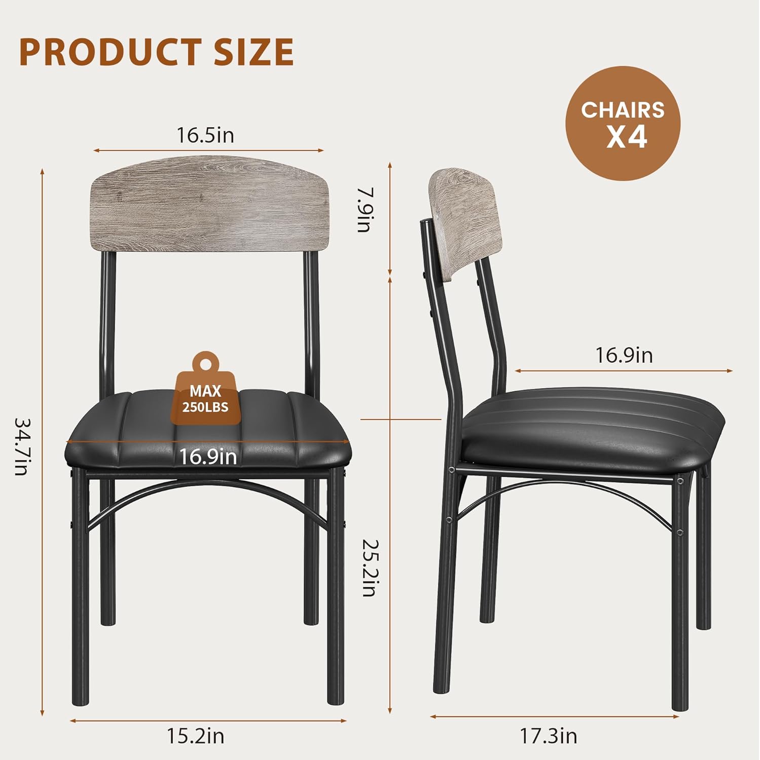 Jocoevol Dining Chairs Set of 4 - Upholstered Dining Room Chairs with PU Leather, Industrial Kitchen Chairs with Wooden Backrest and Thickened Metal Legs, for Dining Room, Living Room（Gray）