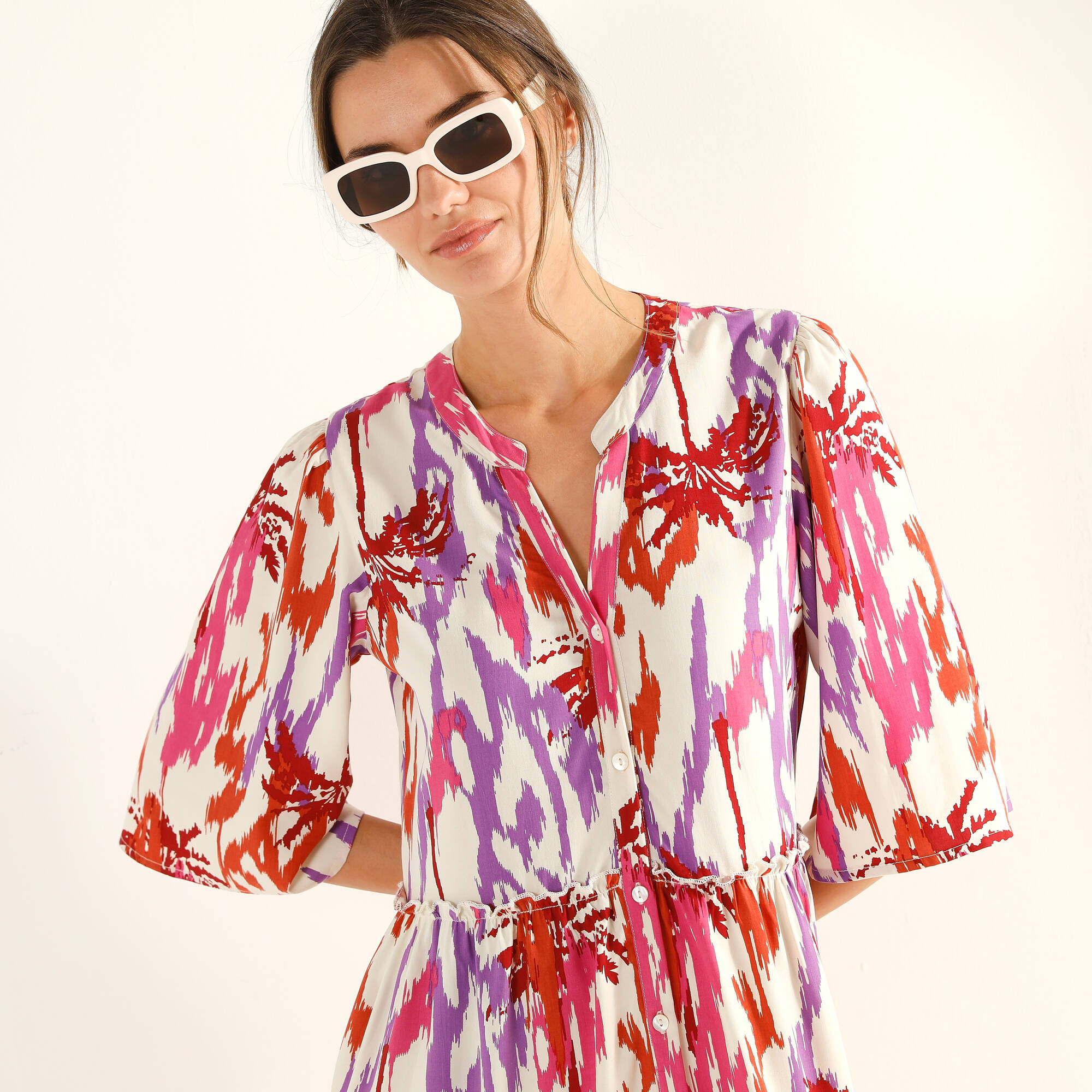 Robe col tunisien imprimée, manches évasées
