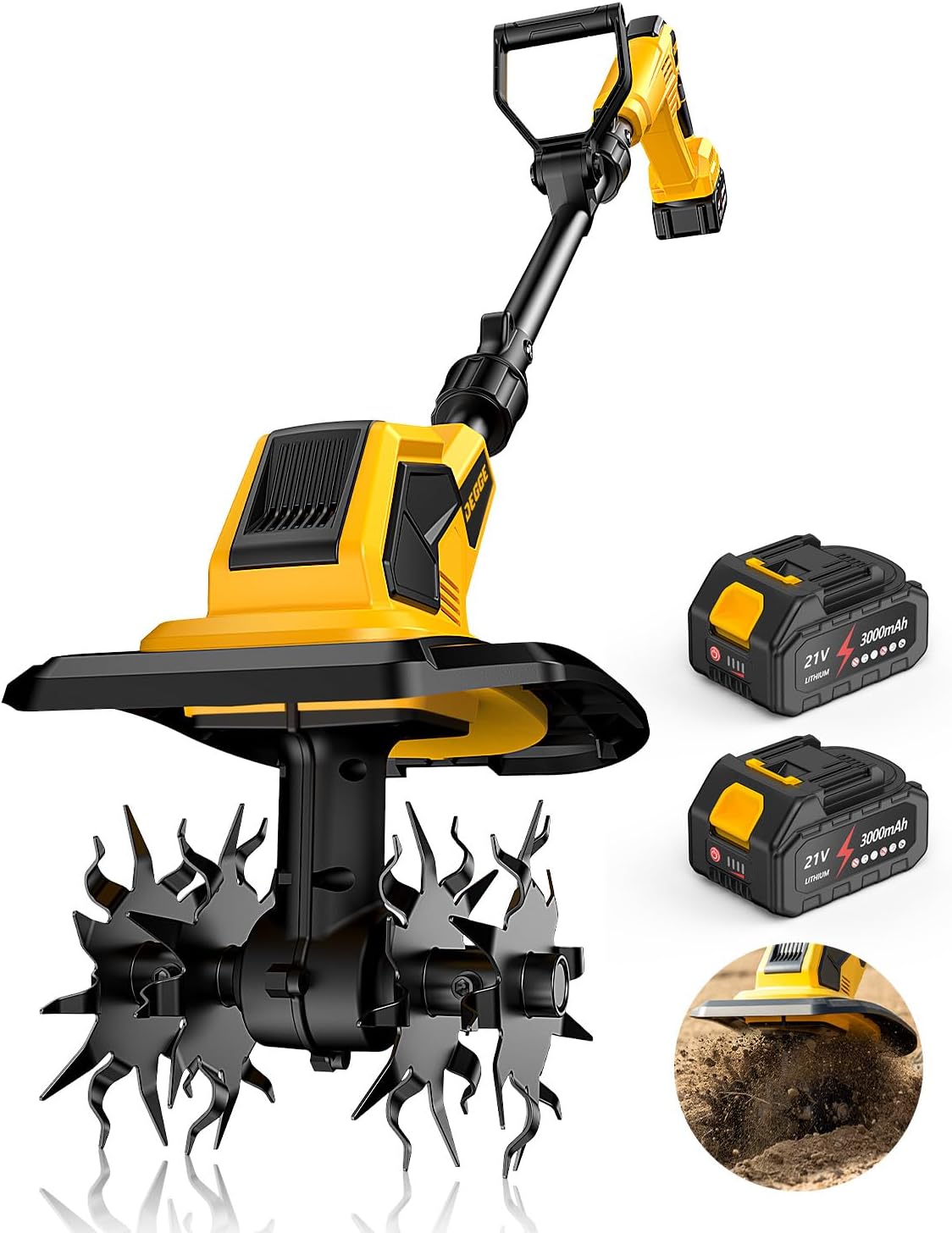 DEGGE Tiller, Cordless Tiller Cultivator with 48 Steel Tines, 9 inch Tilling Width and 6.7 inch Depth, 2 x 3.0Ah 21V Batteries & Charger, Gardening Tools for Lawn/Gardening/Soil Cultivation