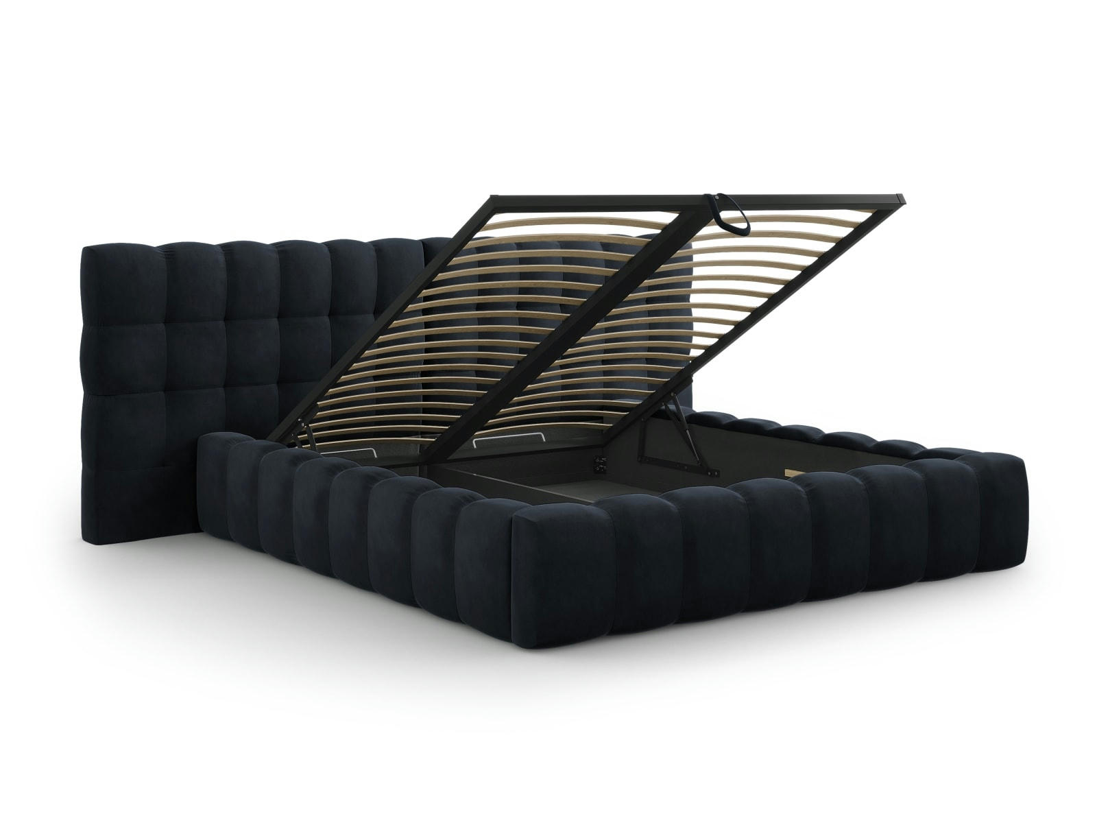 MAMAIA - Lit coffre en avec tête de lit double 180x200cm velours bleu foncé