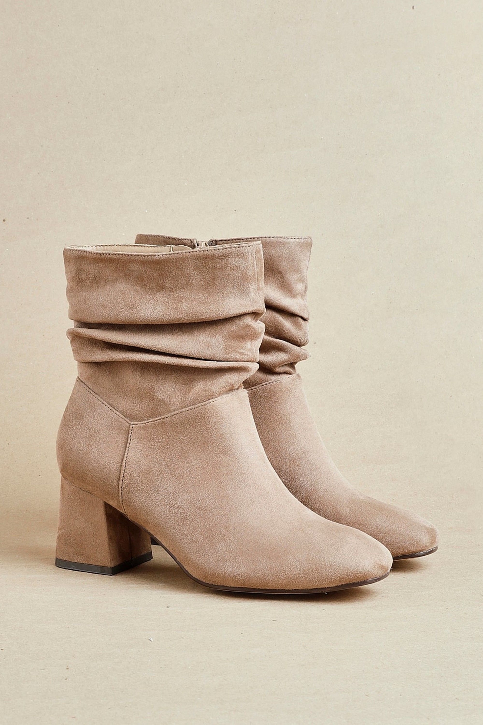 Linzi Zayda Wide Fit Mocha Faux Suede Ruched Heeled Ankle Boot