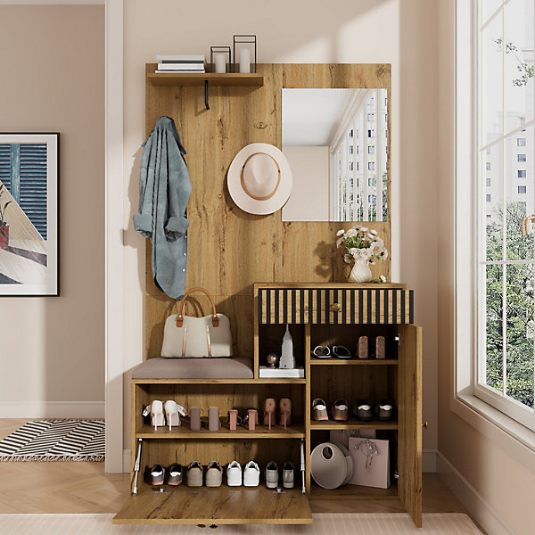 ensemble Vestiaire D'entrée - Vestiaire avec Miroir, Banc et Meuble À Chaussures, MDF, 110x37x185,5 cm - Bois et Noir