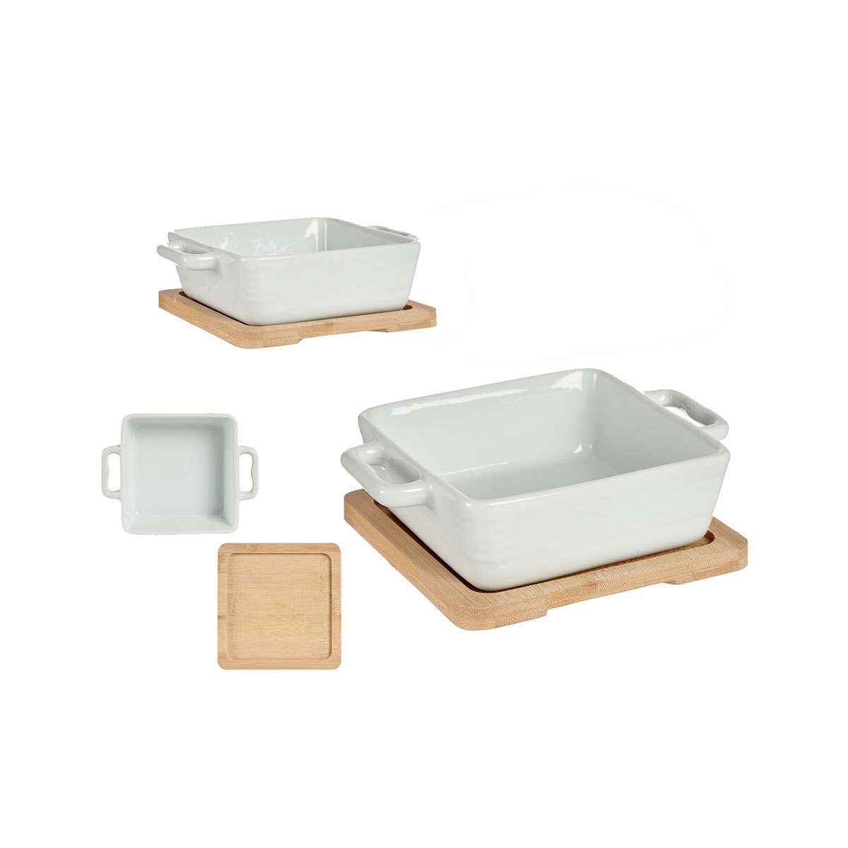 Travessa quadrada de cerâmica com base em bambu