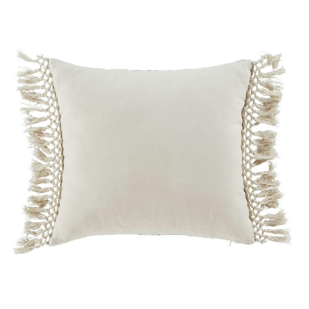 BARICCI - Coussin en coton recyclé écru et vert kaki avec finition macramé 45x45