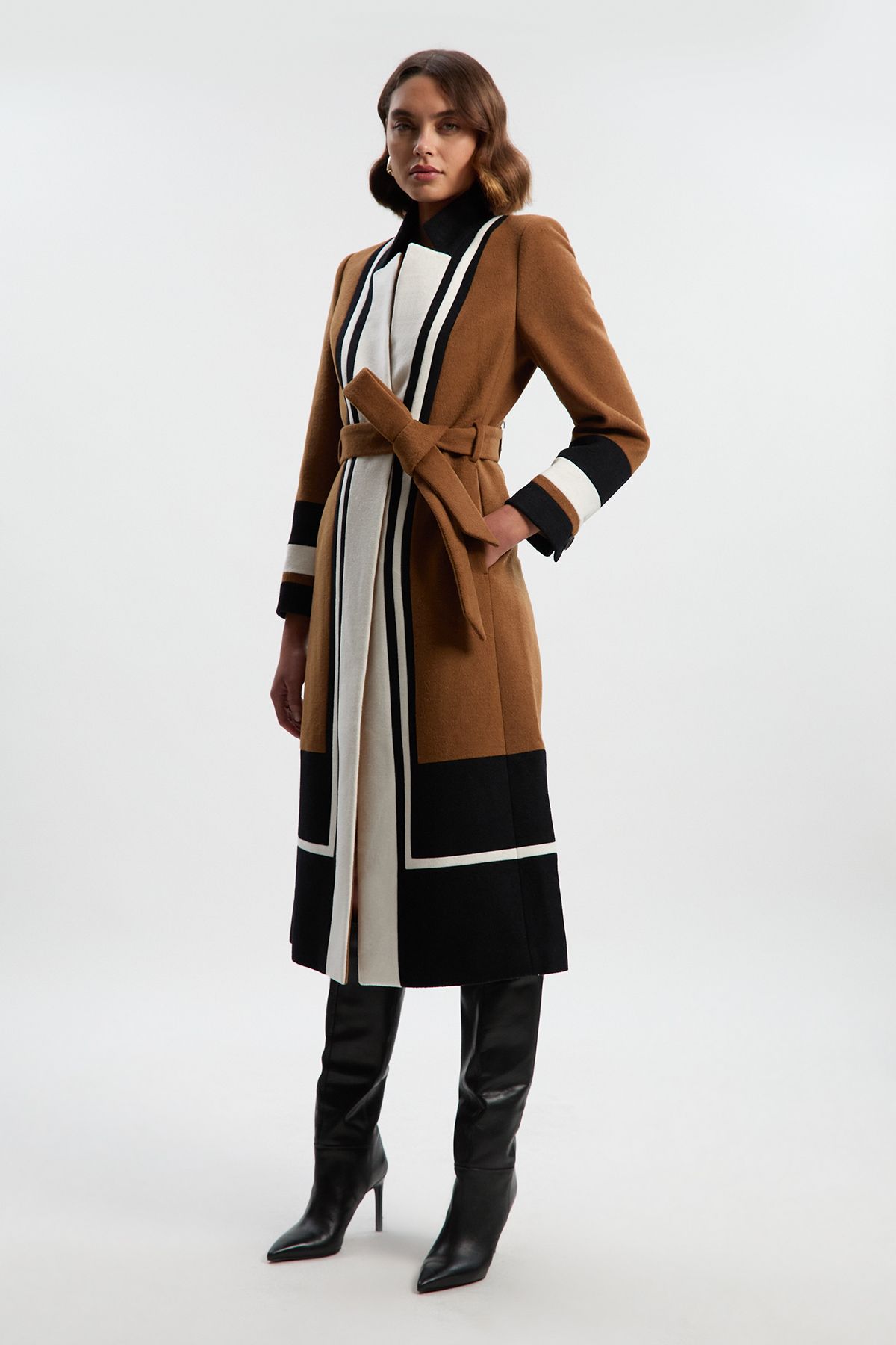 KarenMillen Brushed Wool Colour Block Tailored Belted Midi Coat