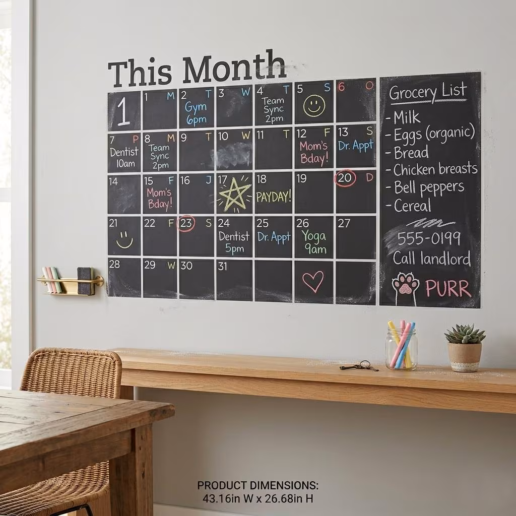 Family Command Center Wall Calendar Decal | Large Monthly Planner | Chalkboard Calendar for Kitchen & Home