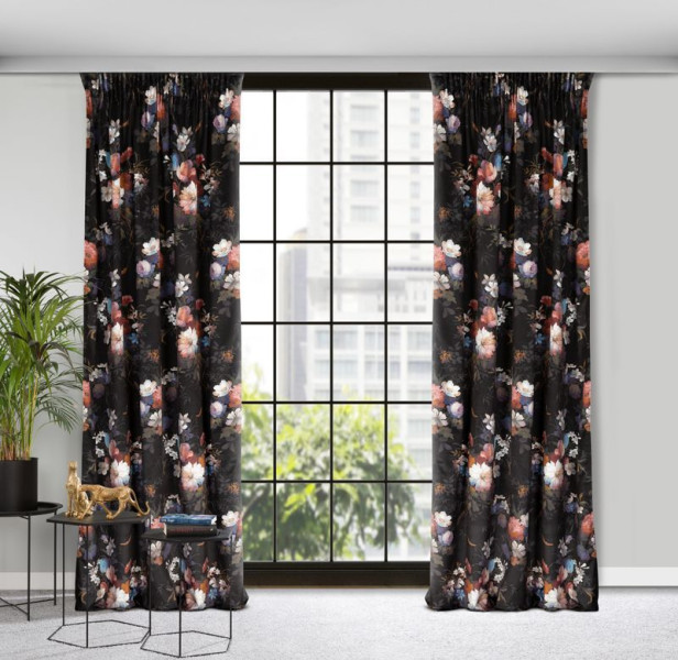 Zasłona welwetowa na taśmie w kwiaty KAREN 140x270 czarna