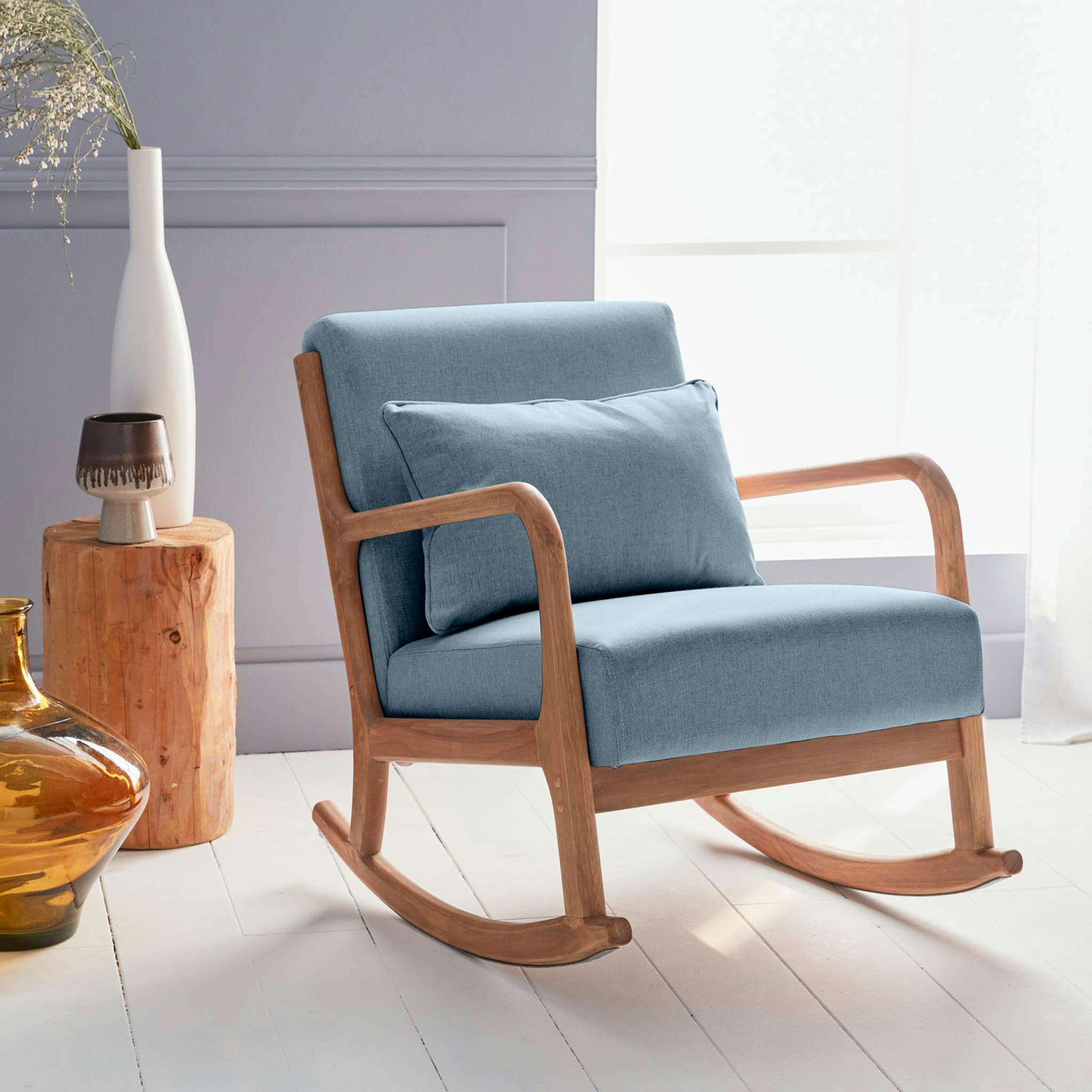 LORENS - Fauteuil à bascule design bois et tissu bleu