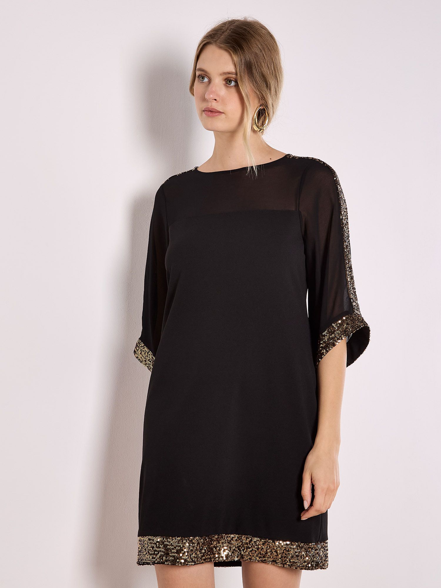 Apricot Sequin Embellished Crepe Shift Dress