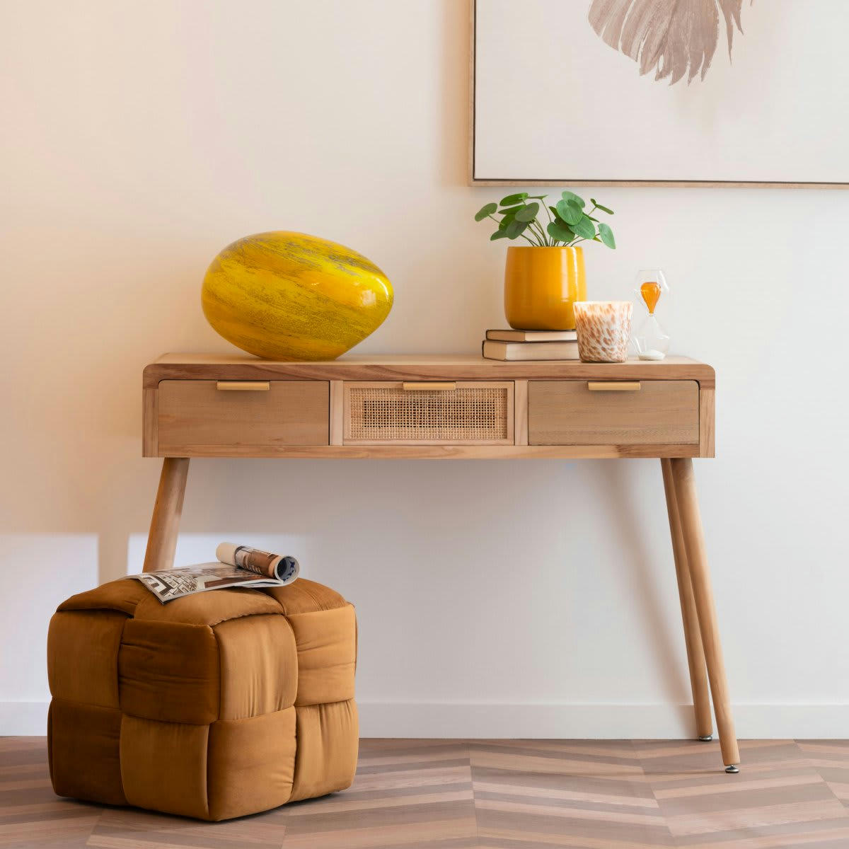 BELGRADE - Console scandinave en bois tiroir cannage