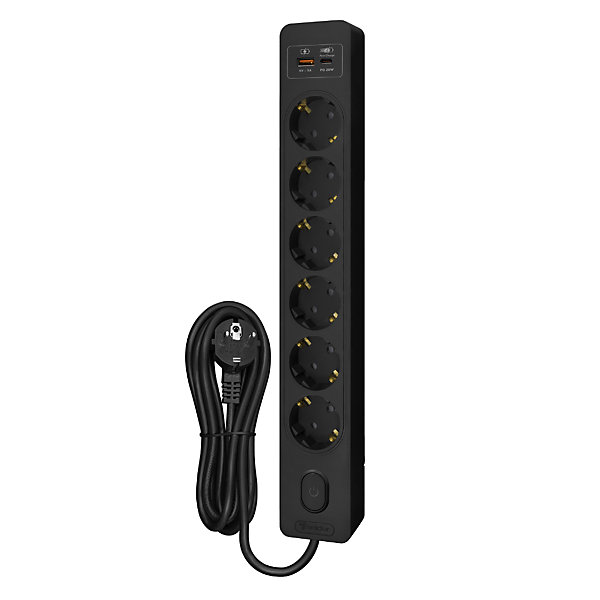 Multiprise SELDUR G6TH22S, 6 prises type F   interrupteur, USB A C charge rapide 20W, Noir, câble 2m