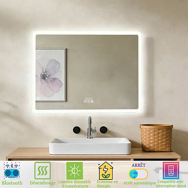 Miroir lumineux salle de bain rectangulaire 80x60 cm - éclairage 3 Couleurs, Bluetooth, Anti-Buée,Horloge, Mémoire.