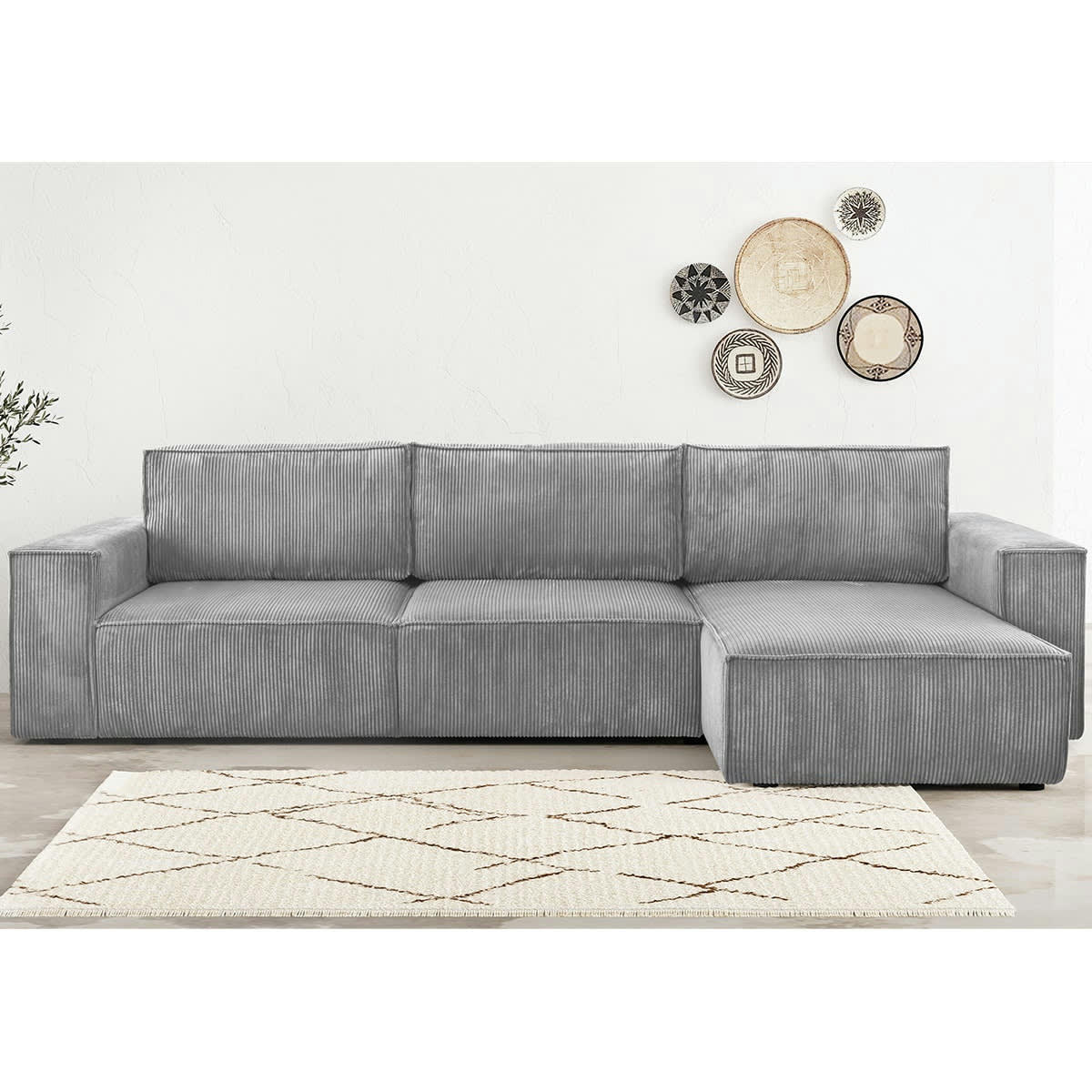 HARPER NEW - Canapé d'angle 5 places convertible +coffre, velours côtelé gris clair