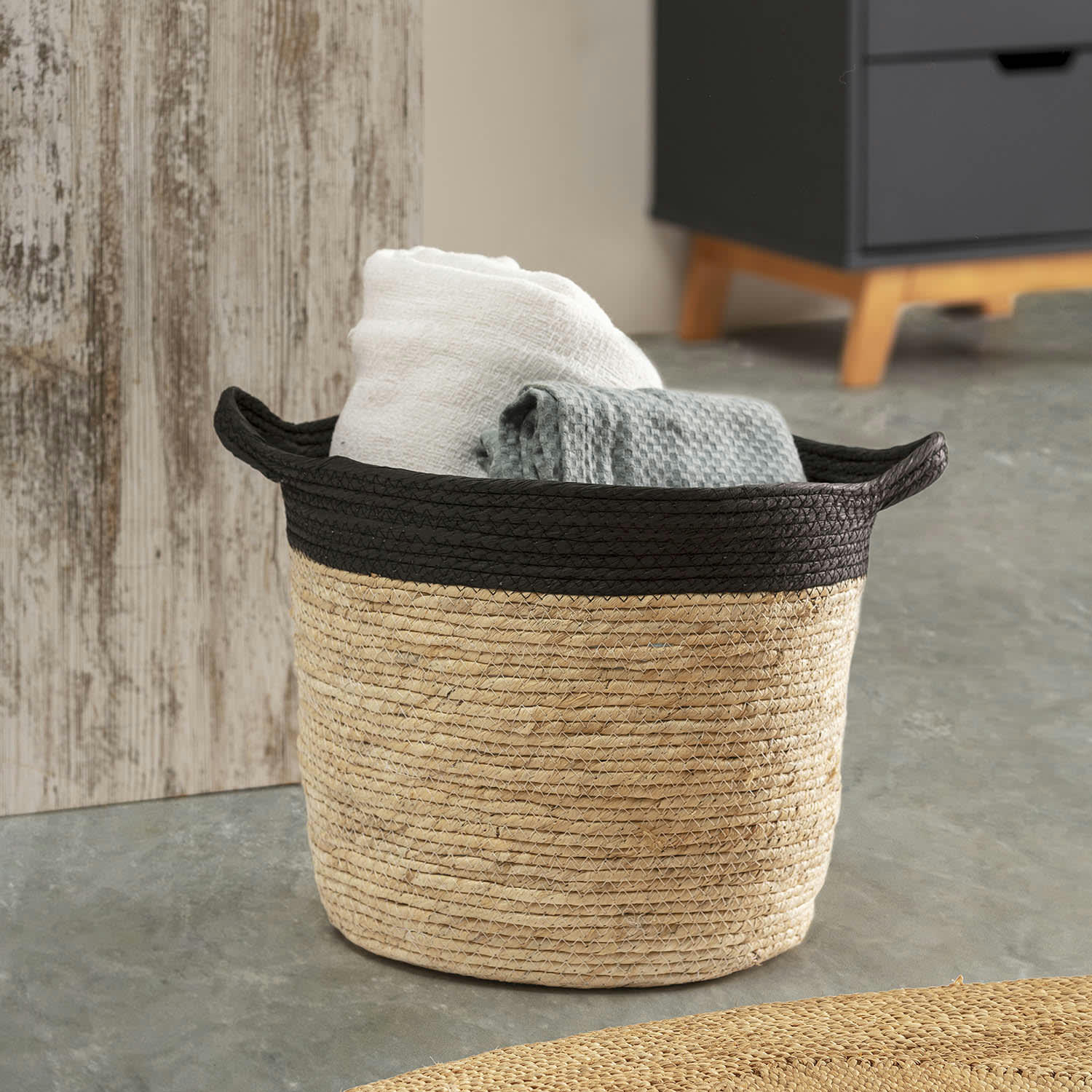 OTILIA - Set de 3 paniers fibre naturelle et papier, noir/beige