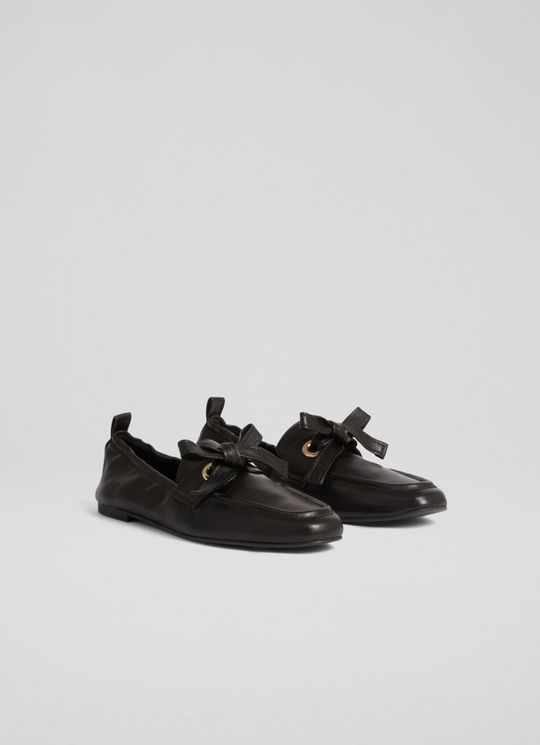 Maude Black Nappa Leather Eyelet Bow Loafer