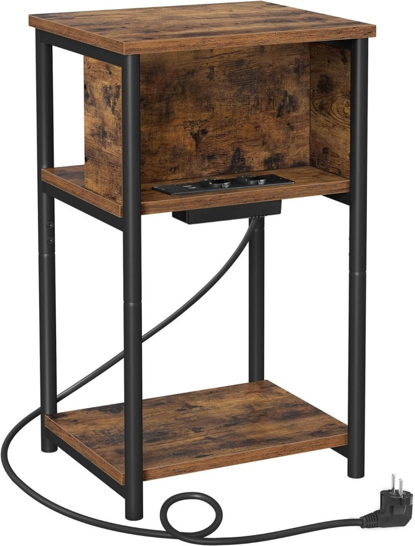 Stolik Nocny Vintage z Gniazdkiem i Portami USB 30x34x58 cm Brąz/Czarny