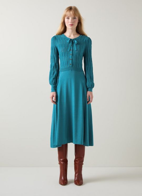 SusannahDark Teal Tie Neck Pointelle Fit And Flare Dress