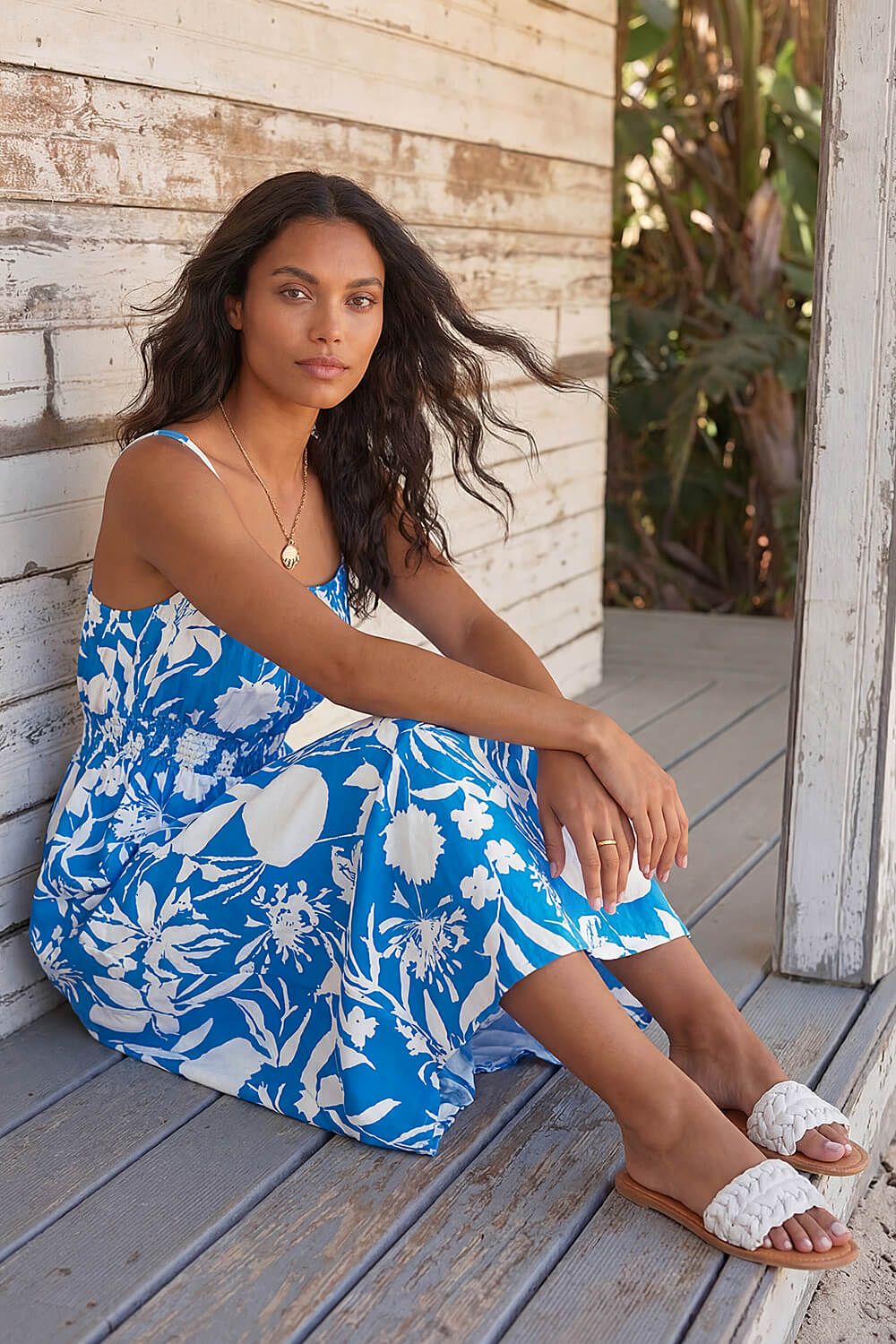 Roman Shirred Waist Strappy Midi Dress