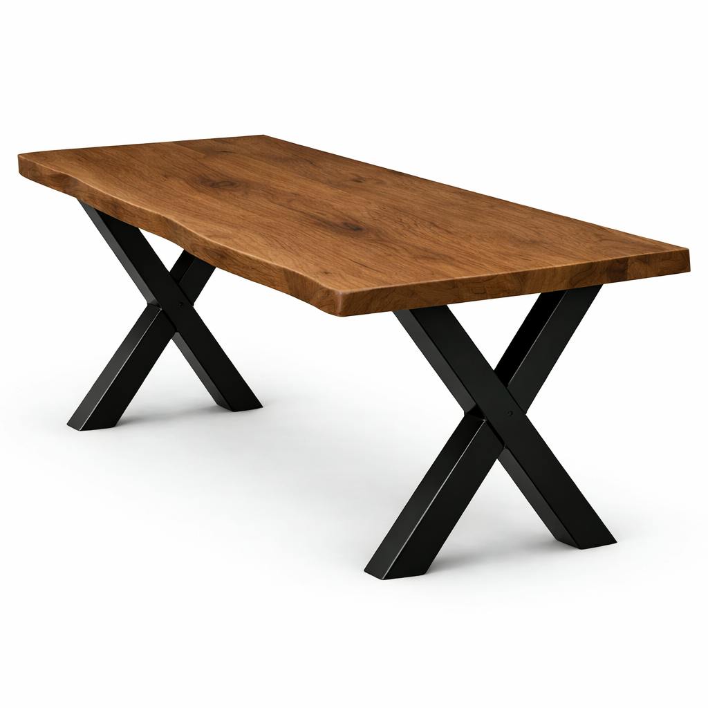 Table extensible chêne brun bords naturels pieds en X 200 cm PALERME