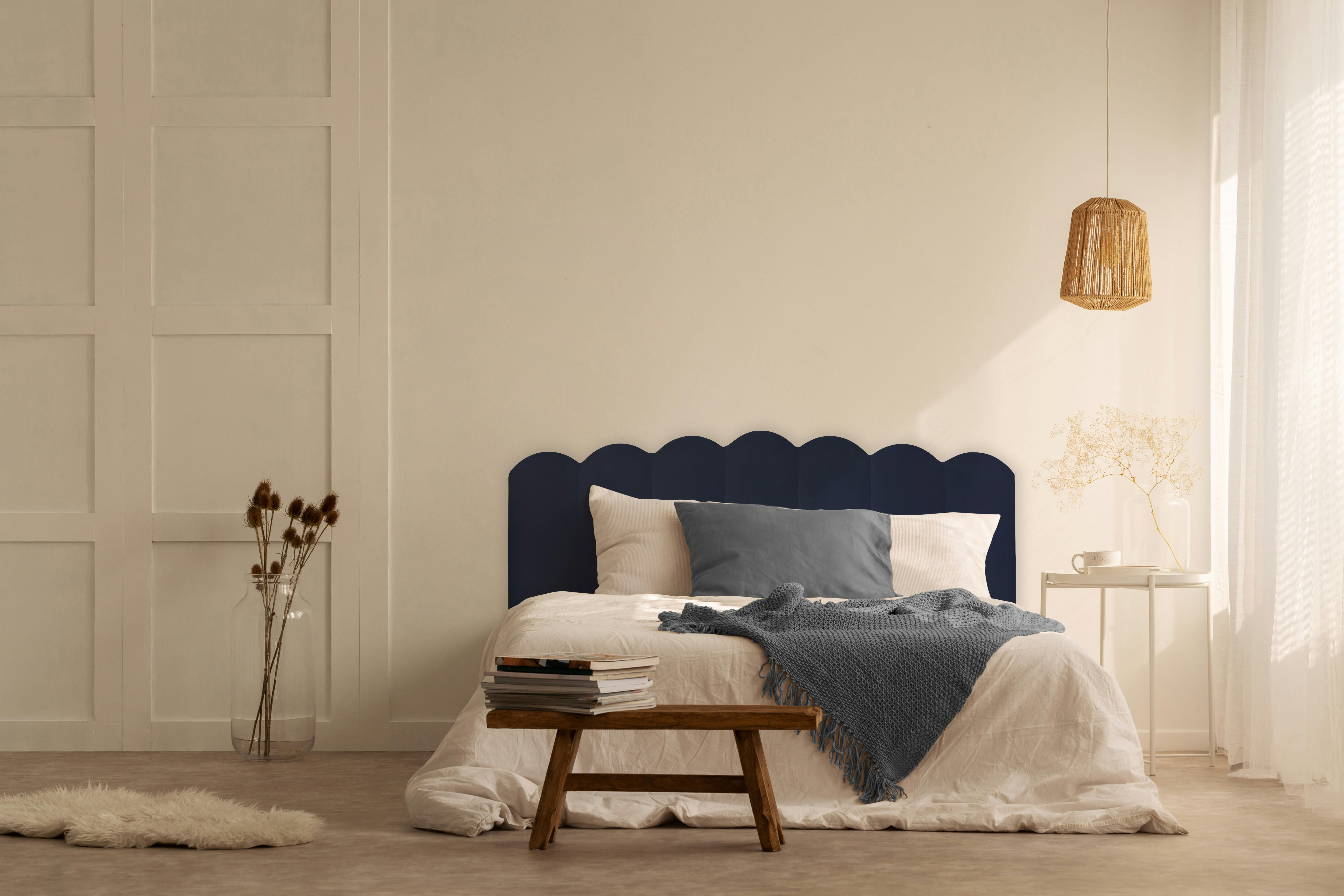 SHELL - Tête de lit tapissée en velours bleue 160x74cm