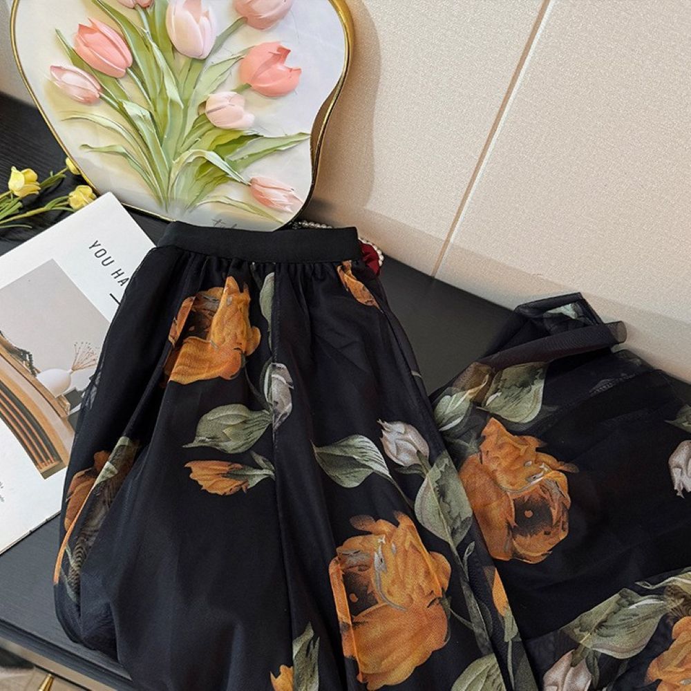 PEACH ACCESSORIES Black Mesh Maxi Skirt with Large Orange Rose Print