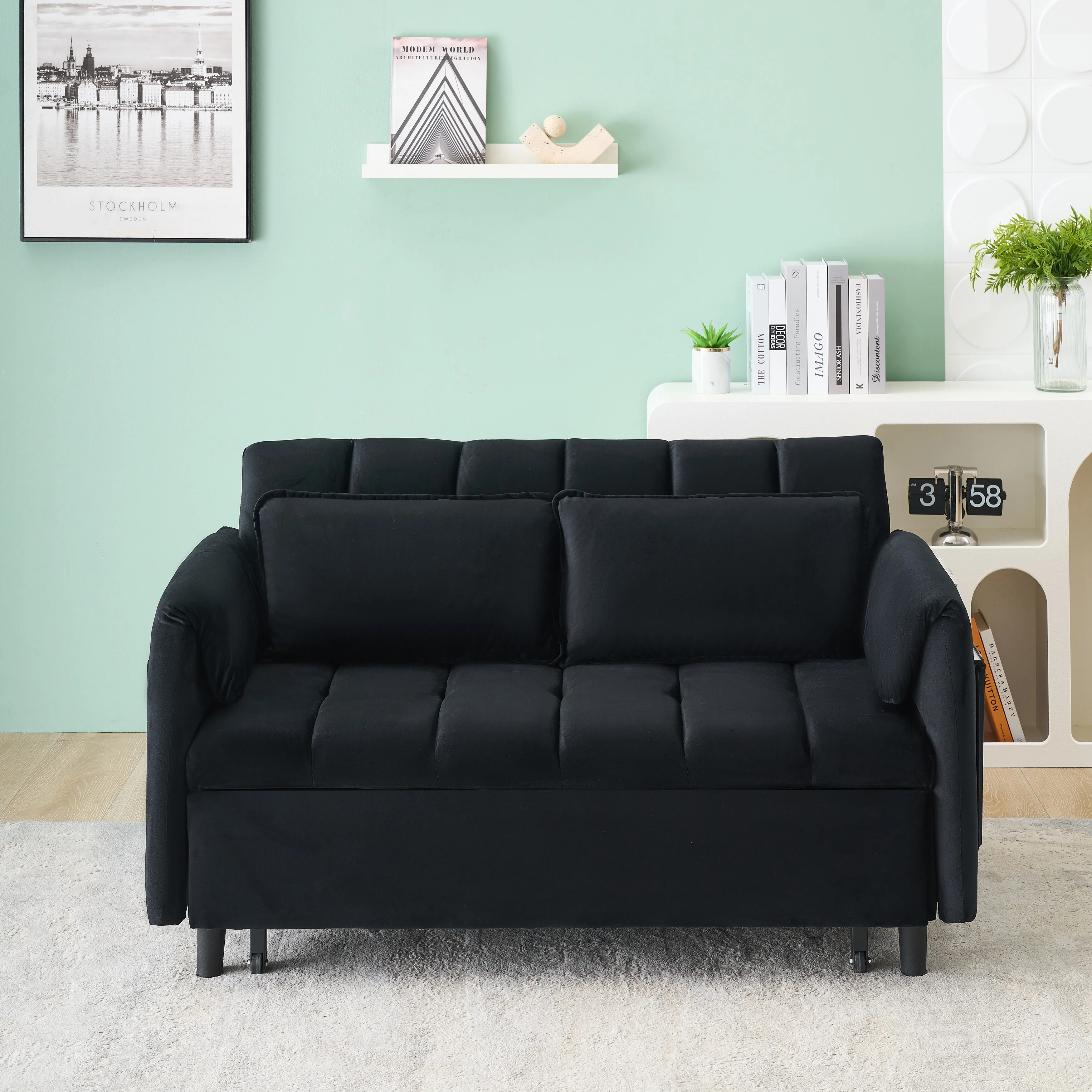 Modern Velvet Sofa, Sofa Pull-Out Bed, Small Love Seat Casual Sofa With Back, Pillow, Pockets, 3 In 1 Convertible Sleep Sofa Bed