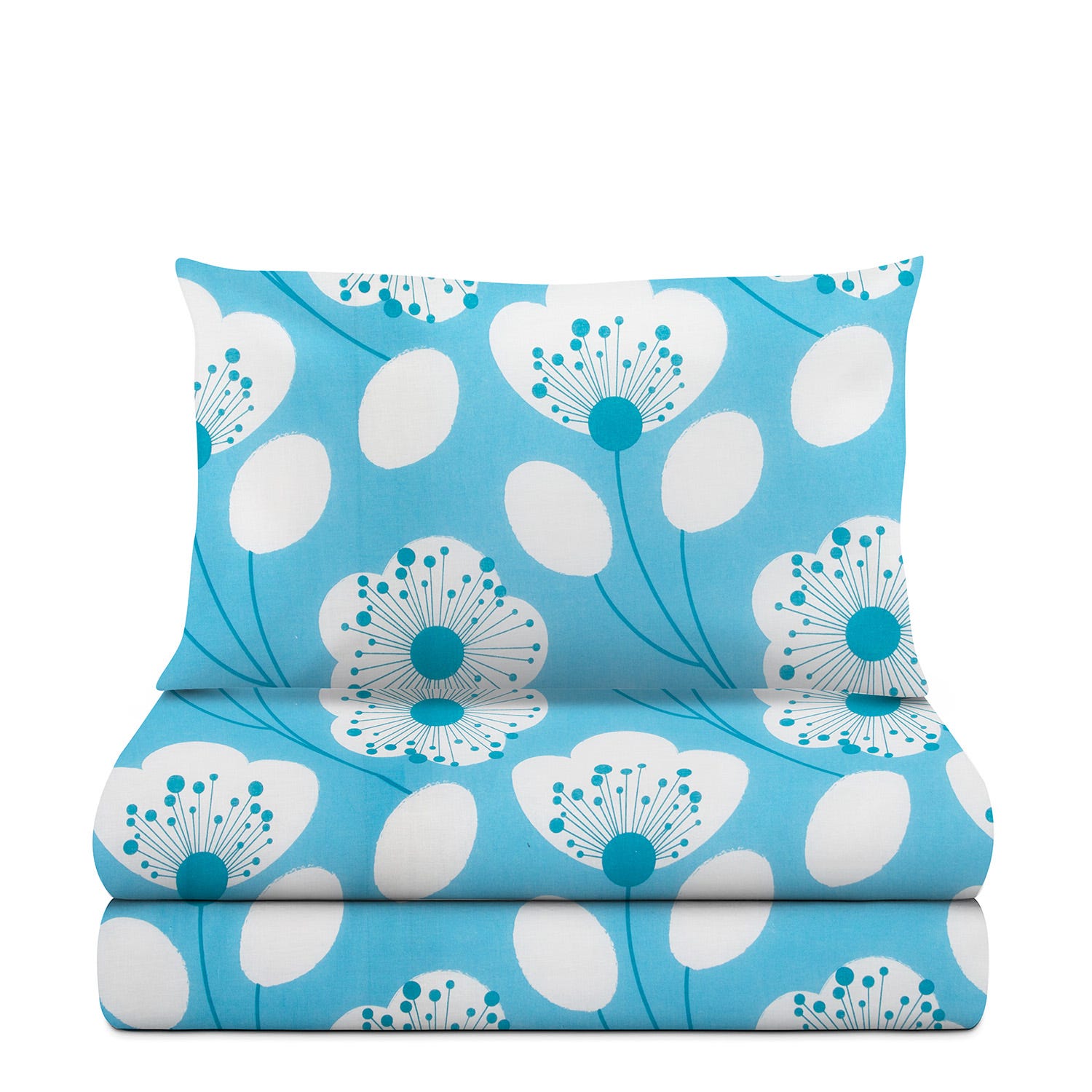 Completo letto 1 piazza e mezza azzurro fiori bianchi