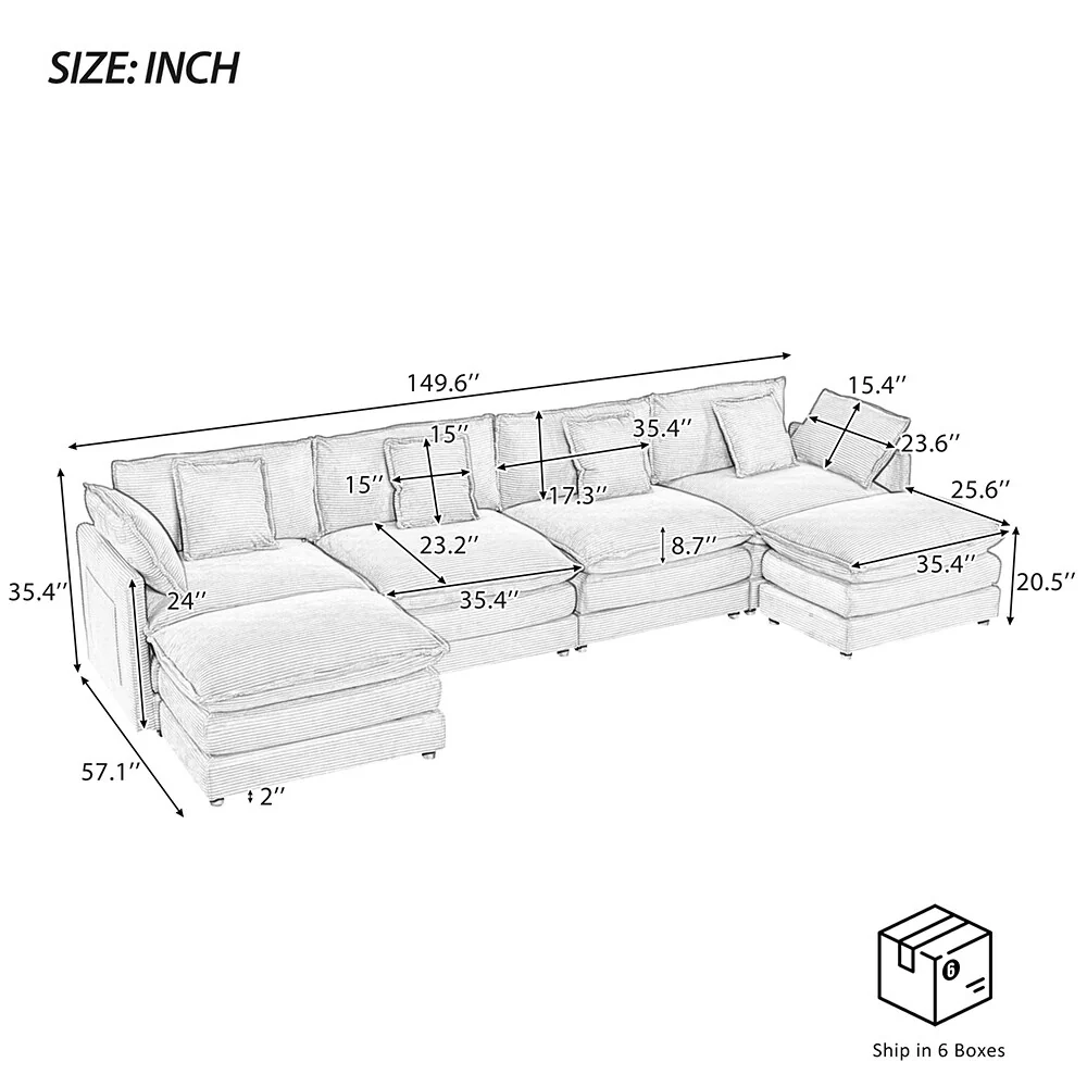 149.6 Corduroy Modular Sofa, L-Shape Sectional with Storage Pockets