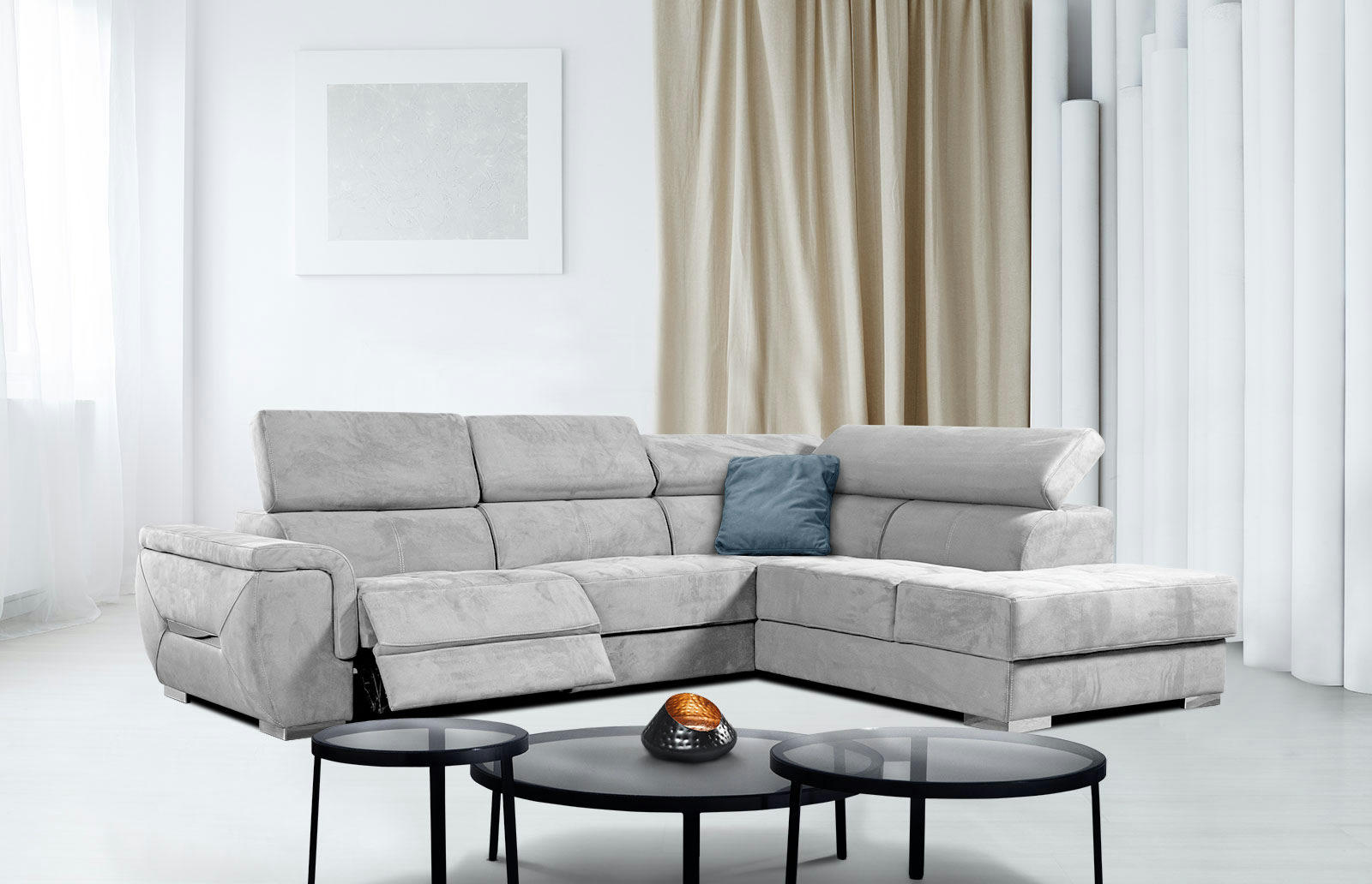 KELTE - Canapé d'angle droit 5 places avec une relaxation tissu gris