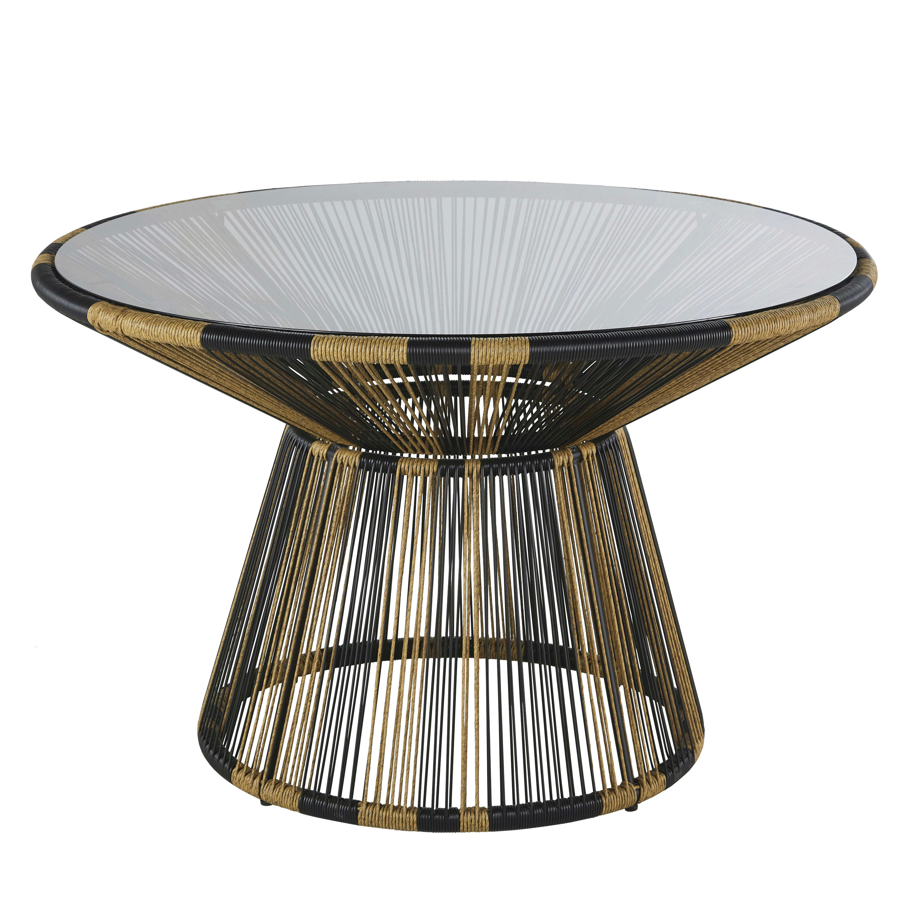 Copacabana Business - Table de jardin ronde professionnelle 4 personneen résine beige et noire et verre trempé fumé