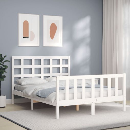 NNEVL Bed Frame with Headboard White 137x187 cm Double Solid Wood