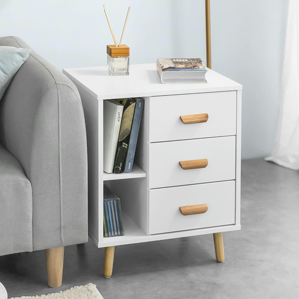 - Table d’appoint 3 tiroirs effet bois blanc