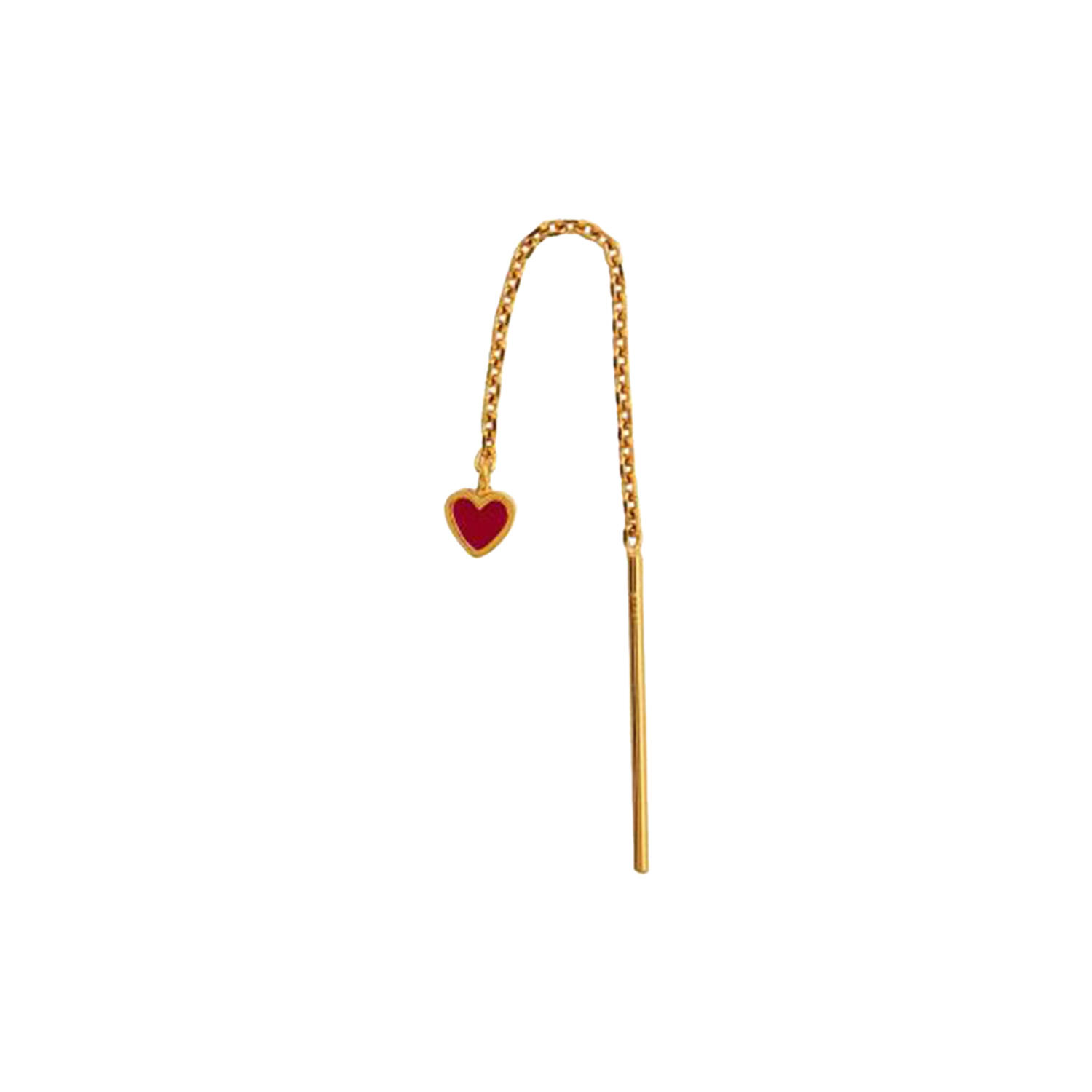Dangling Love Heart Burgundy Enamel Earring Single, gold