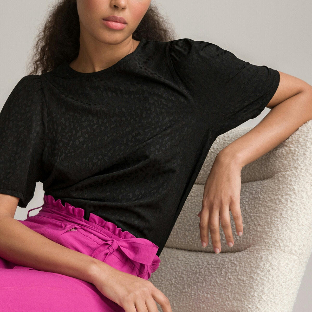 Blouse col rond imprimé jacquard, manches courtes