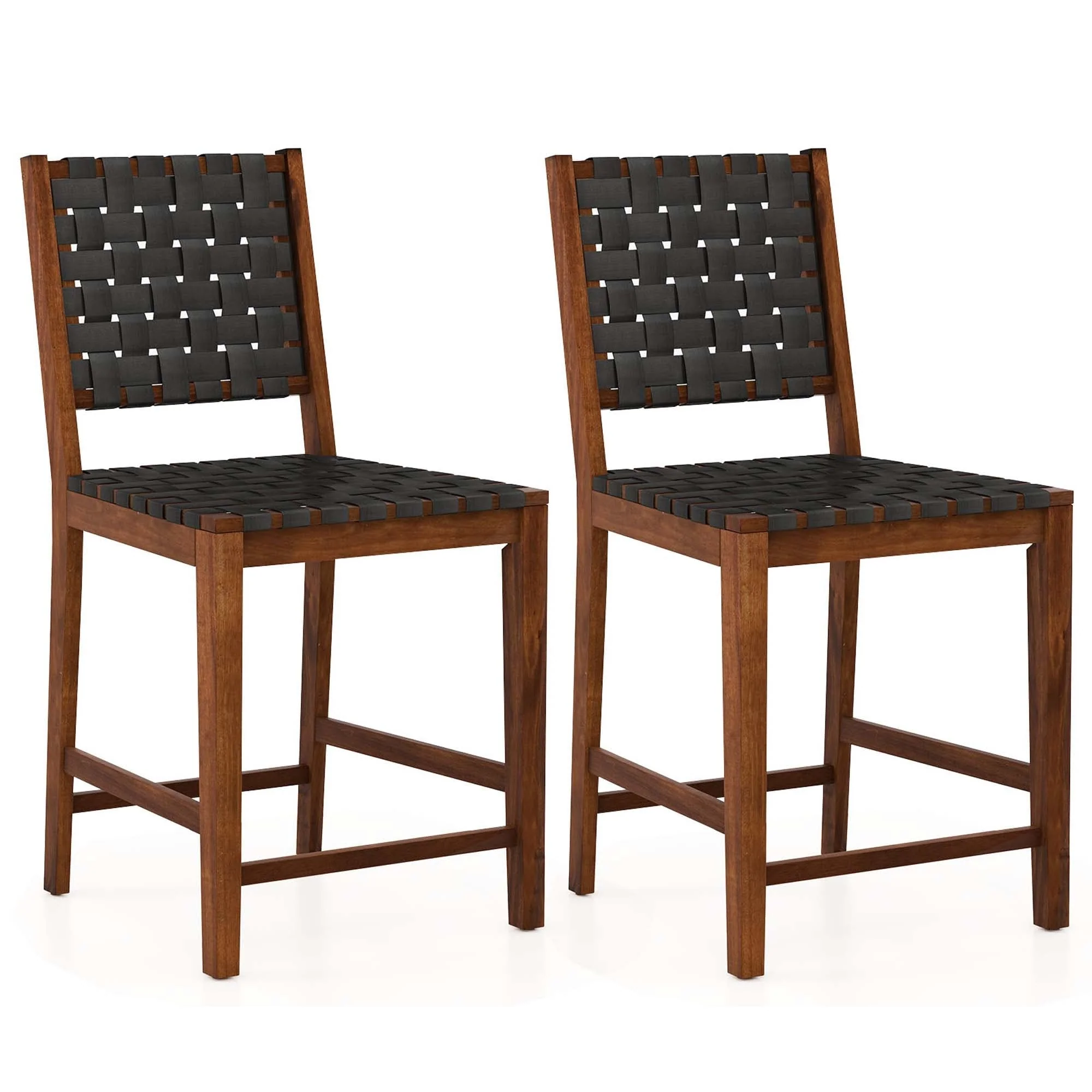 2 PCS Woven Bar Stools Counter Height Dining Chairs Faux PU Leather