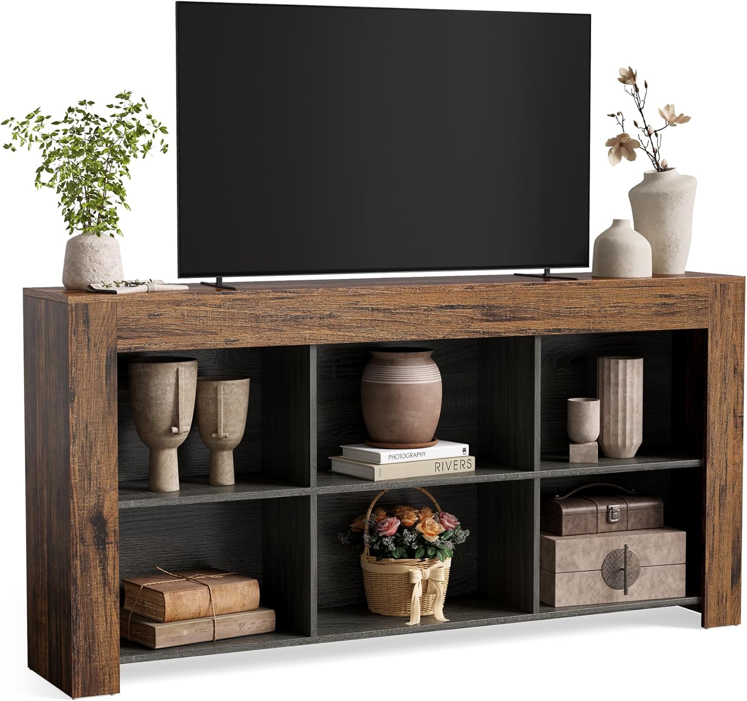 LITTLE TREE TV Stand with Storage, 63-Inch Entertainment Center with Shelves, Modern Media Console for Television up to 65 for Living Room, Bedroom, Brown + Black