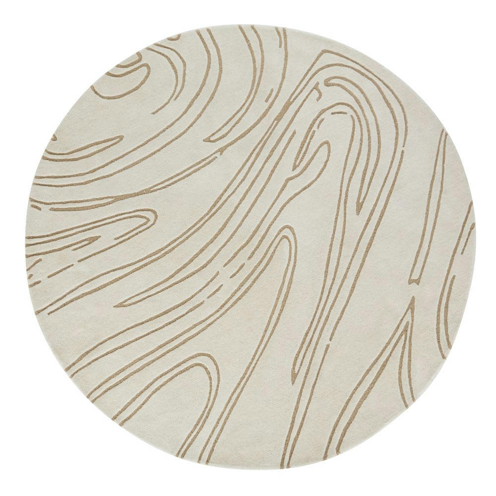 BOUSSENS - Tapis rond en laine tuftée et ciselée écrue motifs vagues beiges D180