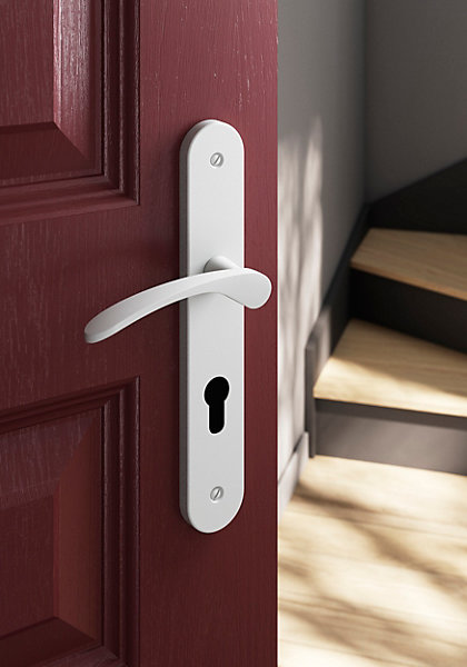 Ensemble poignée sur plaque rondcylindre GoodHome Beare mat blanc L.110.5mm x l.40mm entraxe 195mm