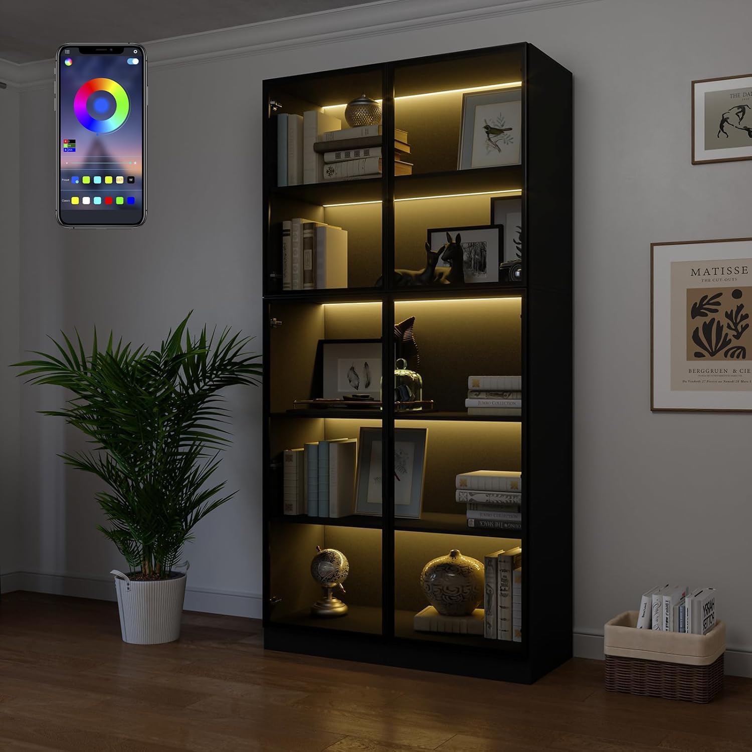 78.7 Display Cabinet with 4 Glass Doors, 5 -Tier Storage Cabinet with APP Control LED Lights, Tall Black Bookcase with Storage, Wooden Display Case for Collectible, Living Room, Office(Black)