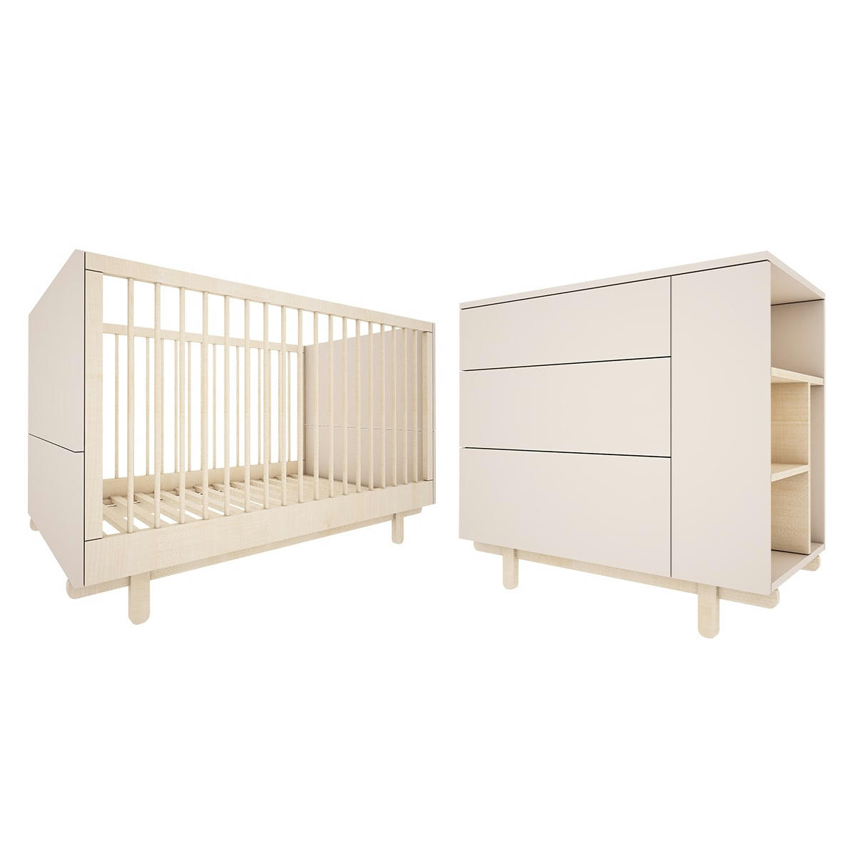 DUO - ROMY - Lit évolutif 70x140 commode 3 tiroirs beige