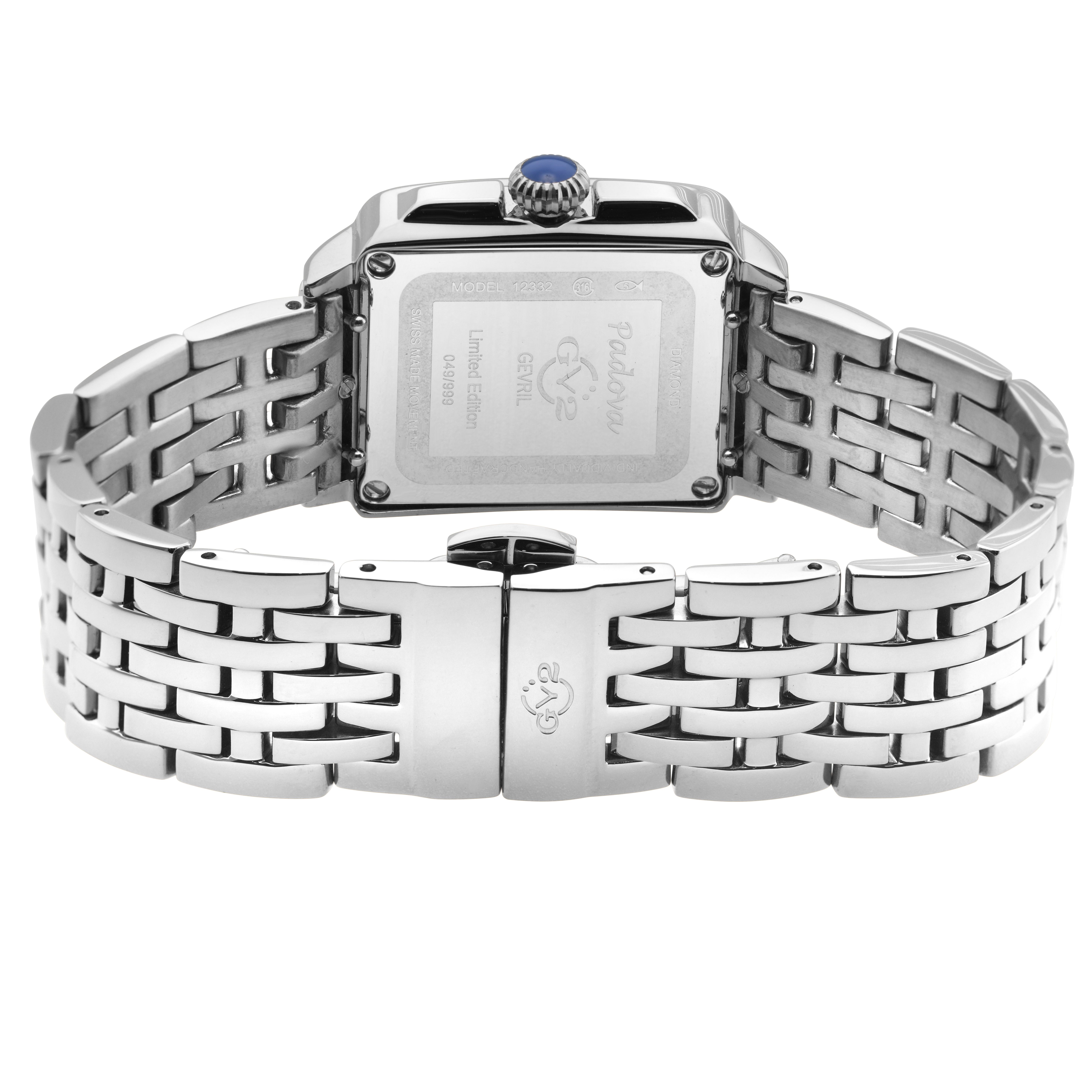 GV2 Padova Gemstone, Swiss Quartz Watch, Blue MOP Dial, 316L Stainless Steel, and Sapphire Crystal