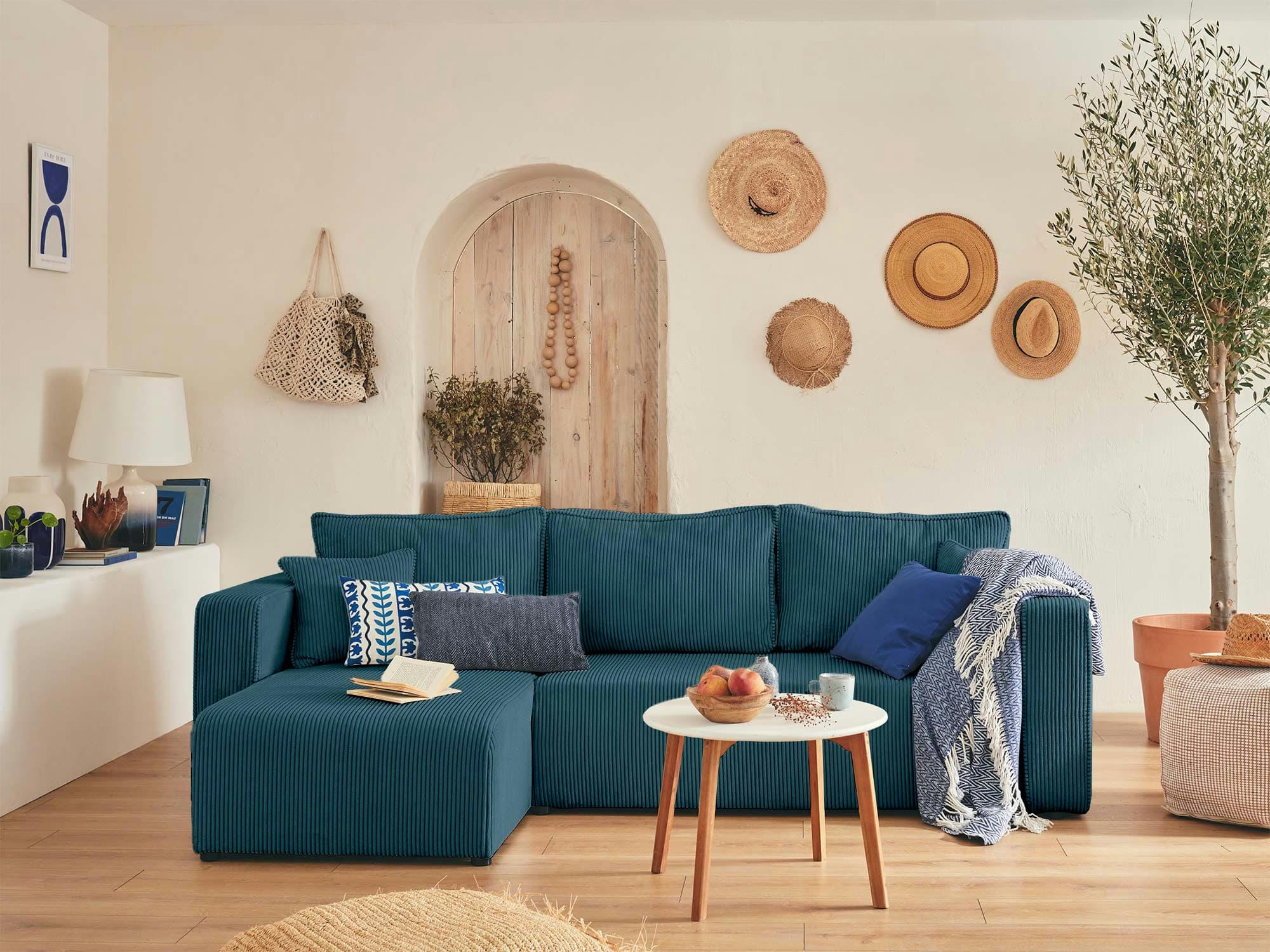 TOPAZE - Canapé d'angle réversible convertible 4 places en velours côtelé bleu