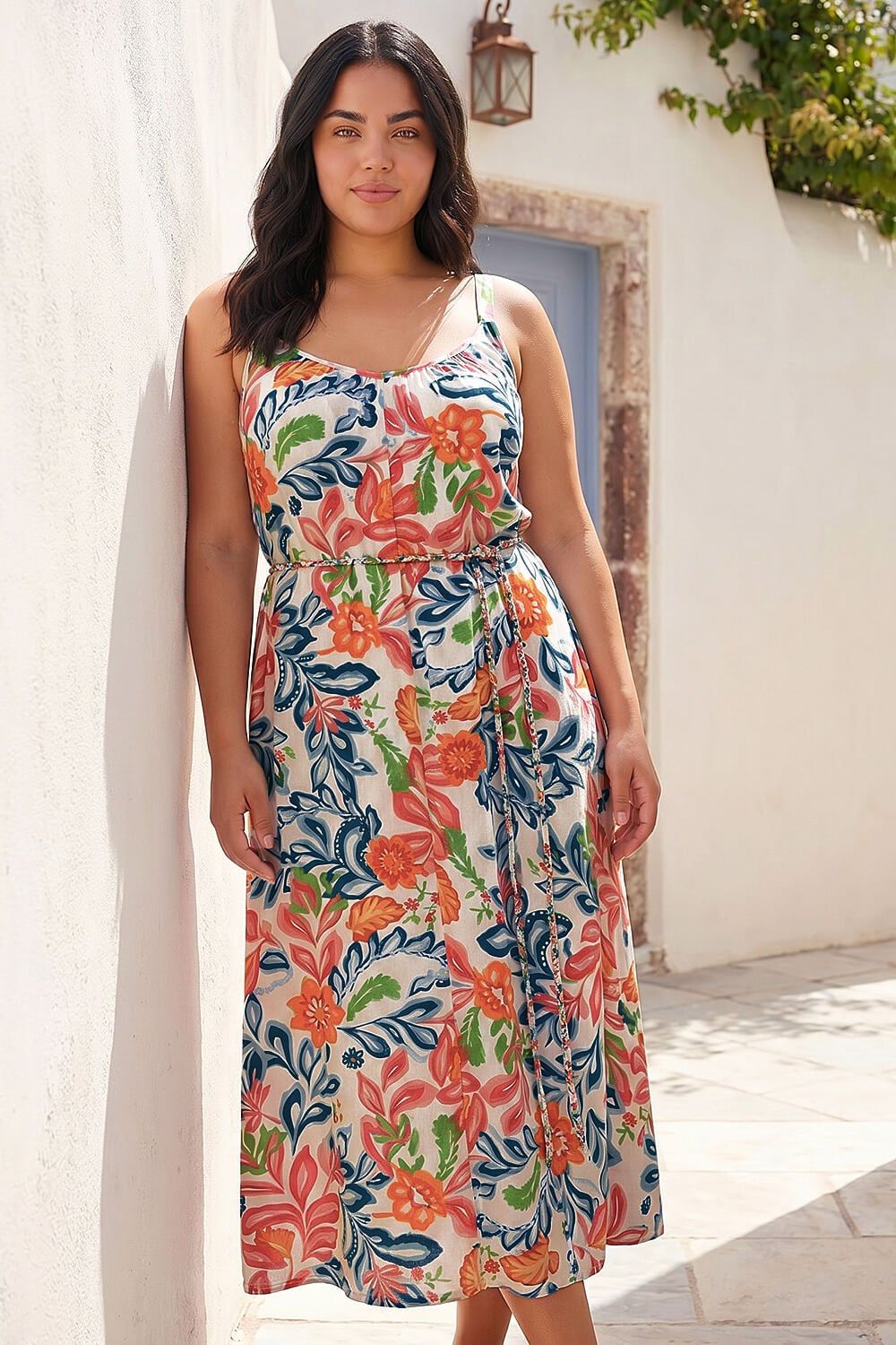Roman Curve Print Plait Belt Strappy Midi Dress